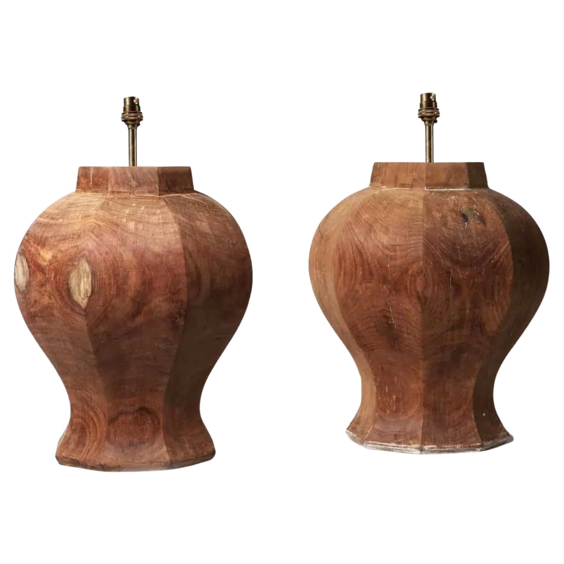 Pair of Faceted Octagonal Wooden Lamps For Sale