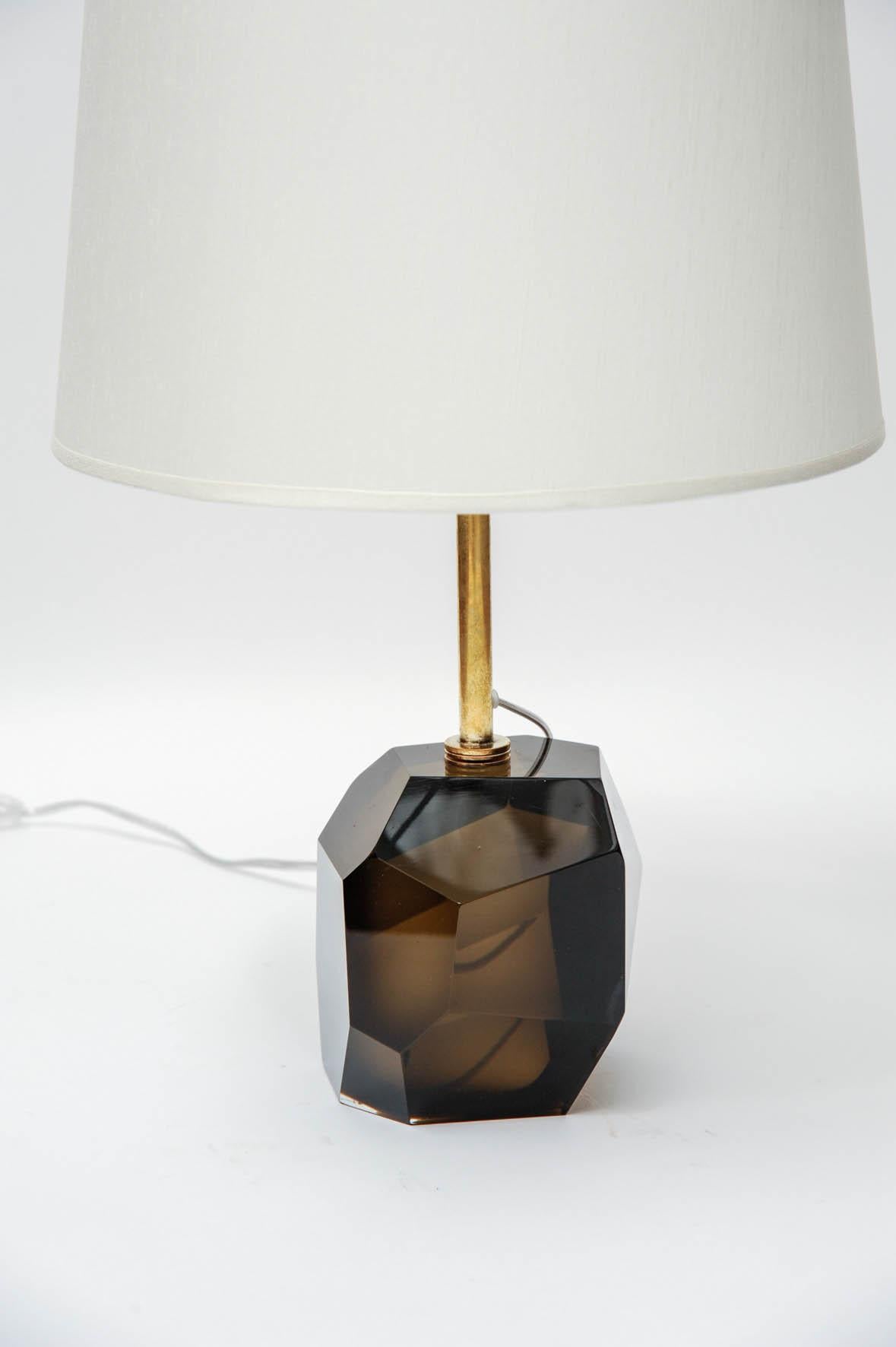 Modern Pair of Faceted Smoked Glass with Brass Setting Table Lamps