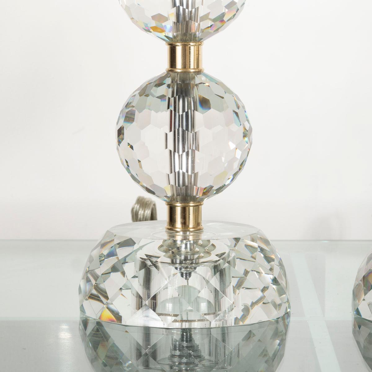 Glass Pair of Faceted Sphere Table Lamps