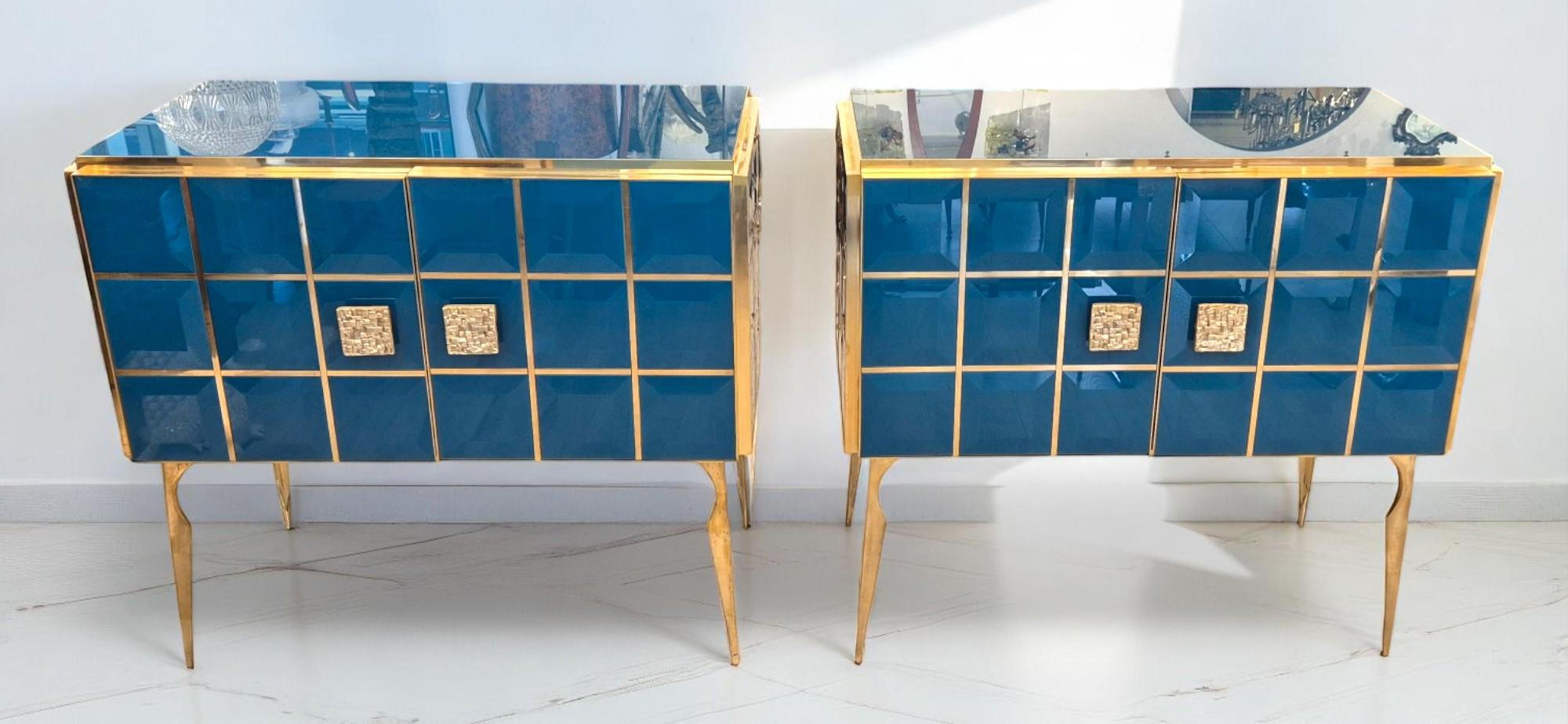 Mid-Century Modern Pair of Faceted Turquoise Murano Glass and Gilded Brass Consoles, Circa 1960/70 For Sale