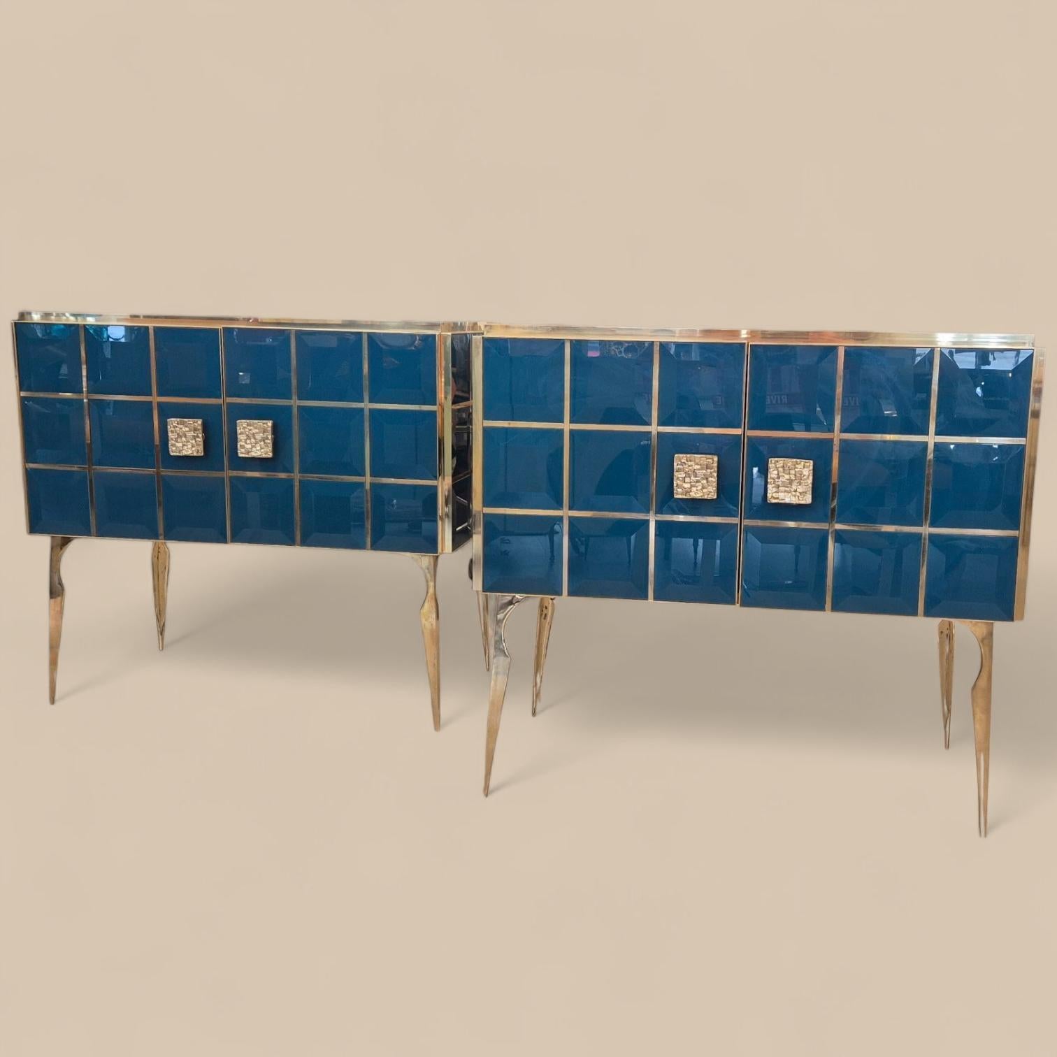 Italian Pair of Faceted Turquoise Murano Glass and Gilded Brass Consoles, Circa 1960/70 For Sale