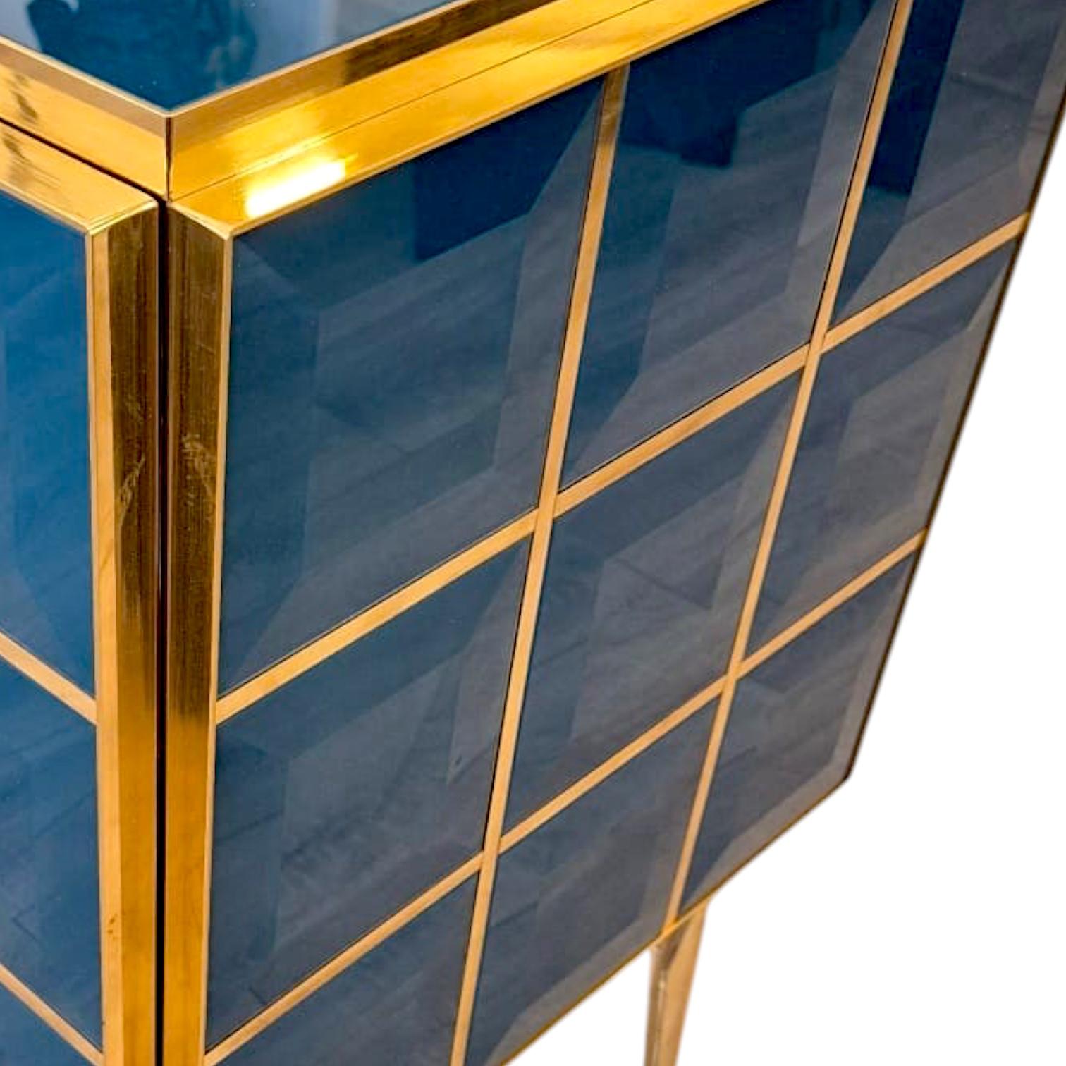 20th Century Pair of Faceted Turquoise Murano Glass and Gilded Brass Consoles, Circa 1960/70 For Sale
