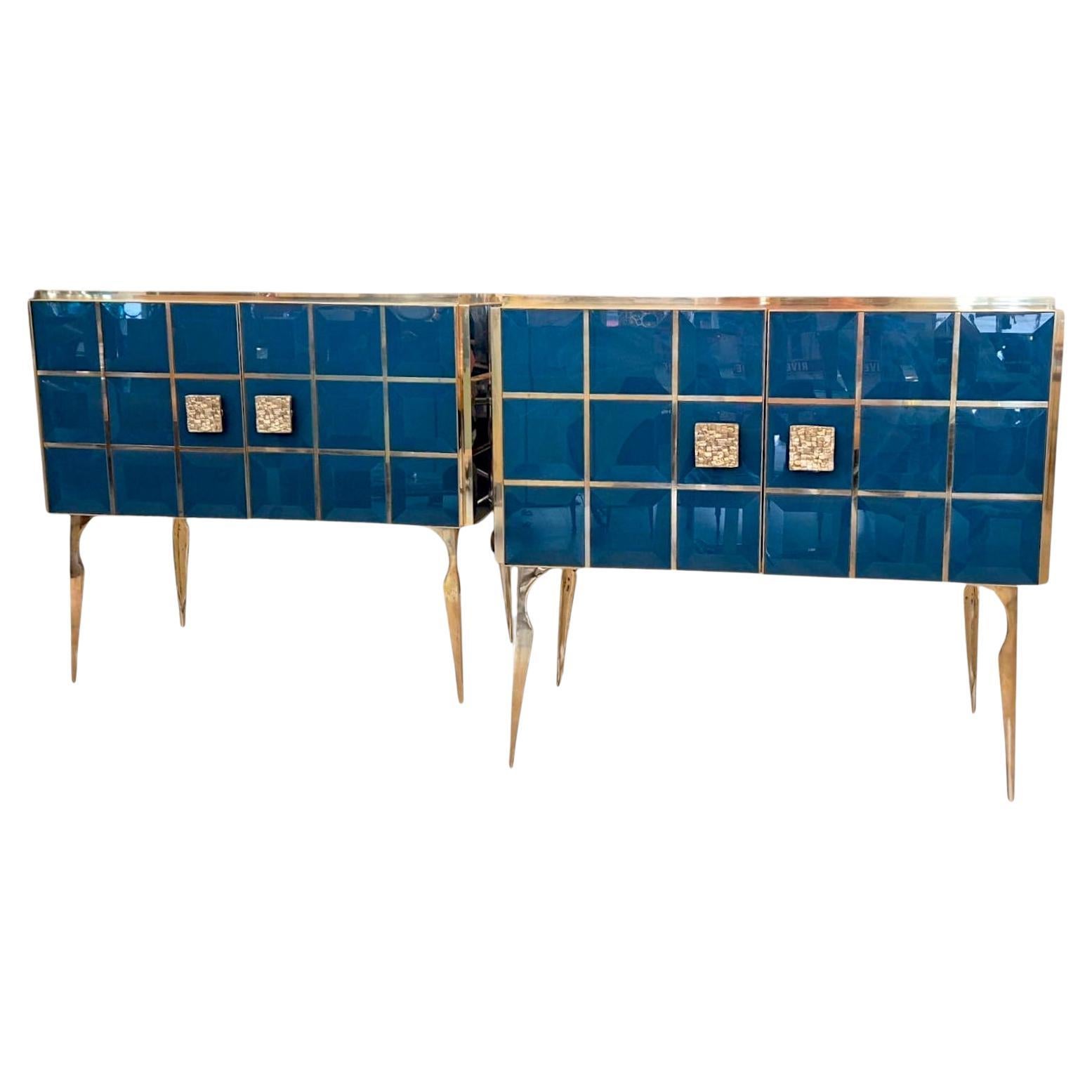 Pair of Faceted Turquoise Murano Glass and Gilded Brass Consoles, Circa 1960/70 For Sale