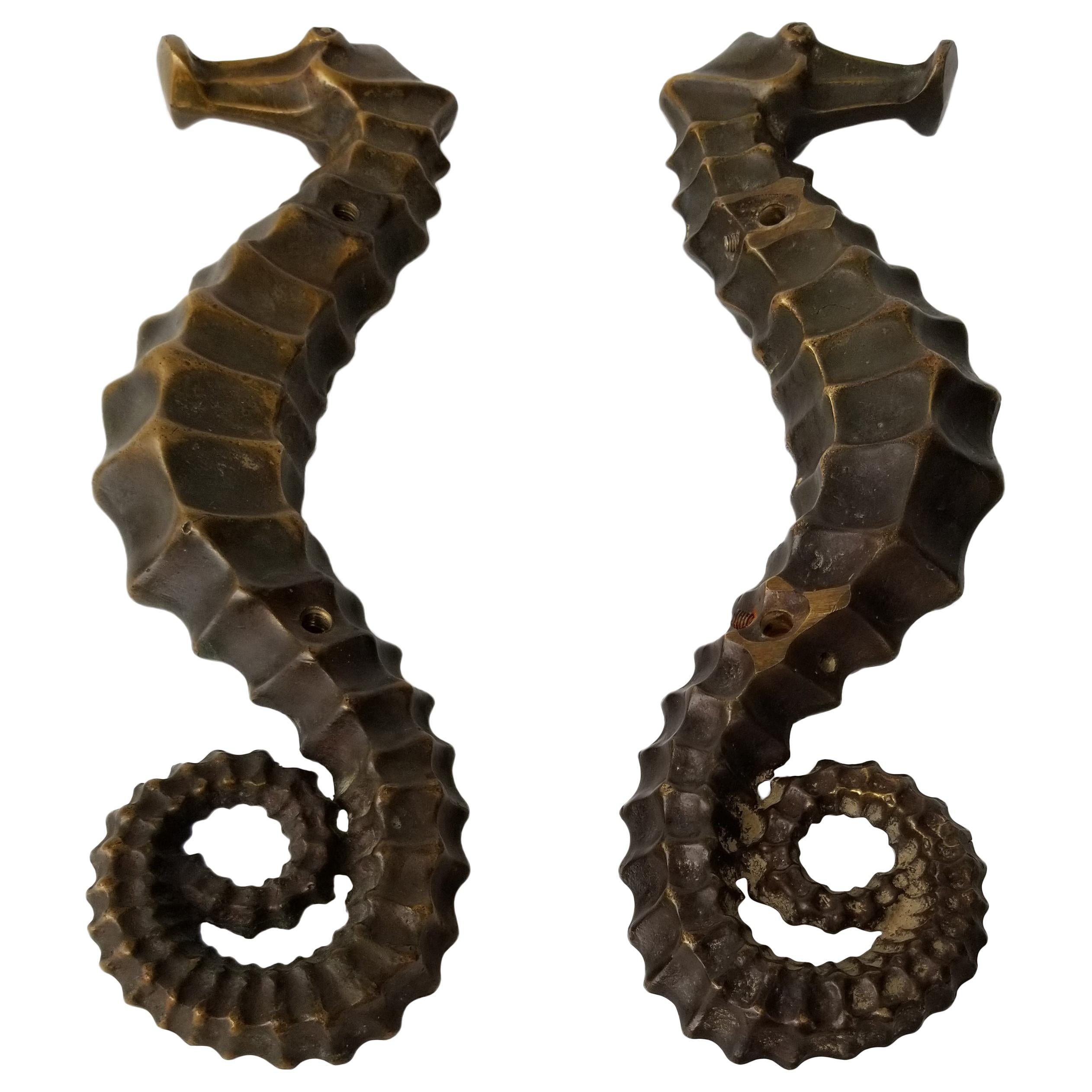 Pair of Facing Seahorse Bronze Door Handles