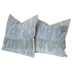 Pair of Faded Blue African Mudcloth Patchwork Pillow Shams with Fringe