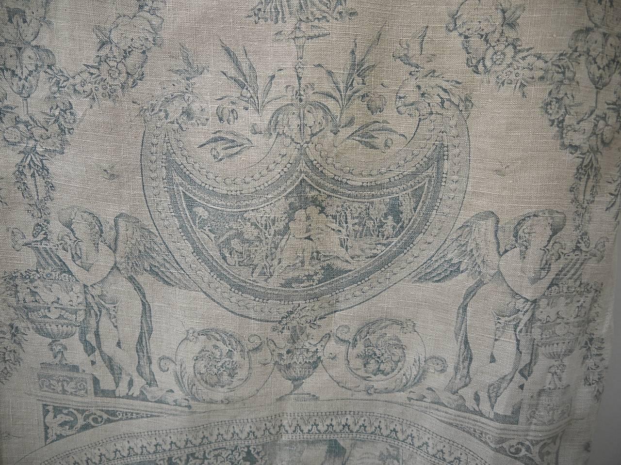 French Provincial Pair of Faded Blue Toile de Jouy Linen Curtains Antique French
