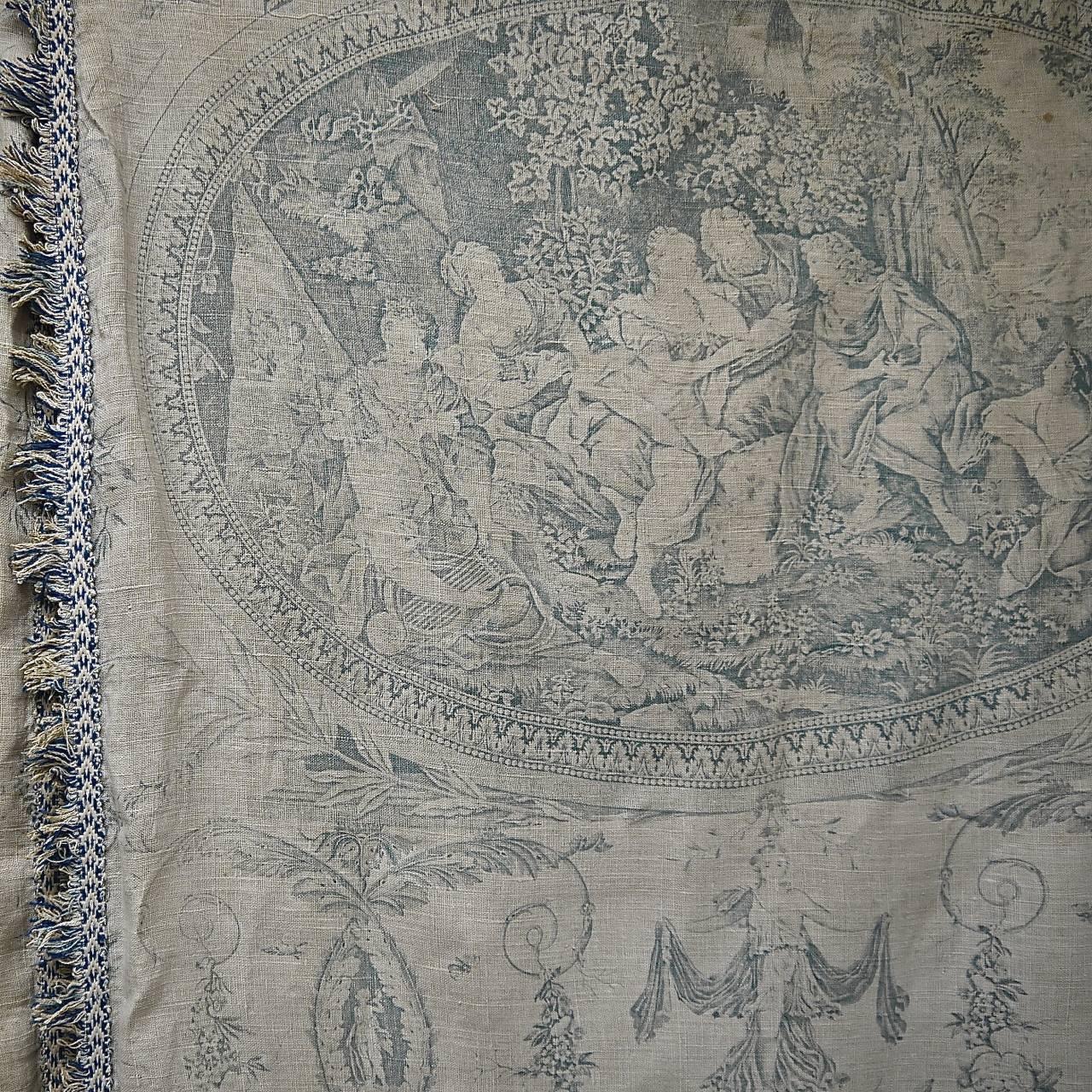 19th Century Pair of Faded Blue Toile de Jouy Linen Curtains Antique French