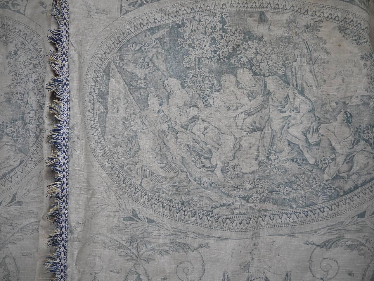 Pair of Faded Blue Toile de Jouy Linen Curtains Antique French 2