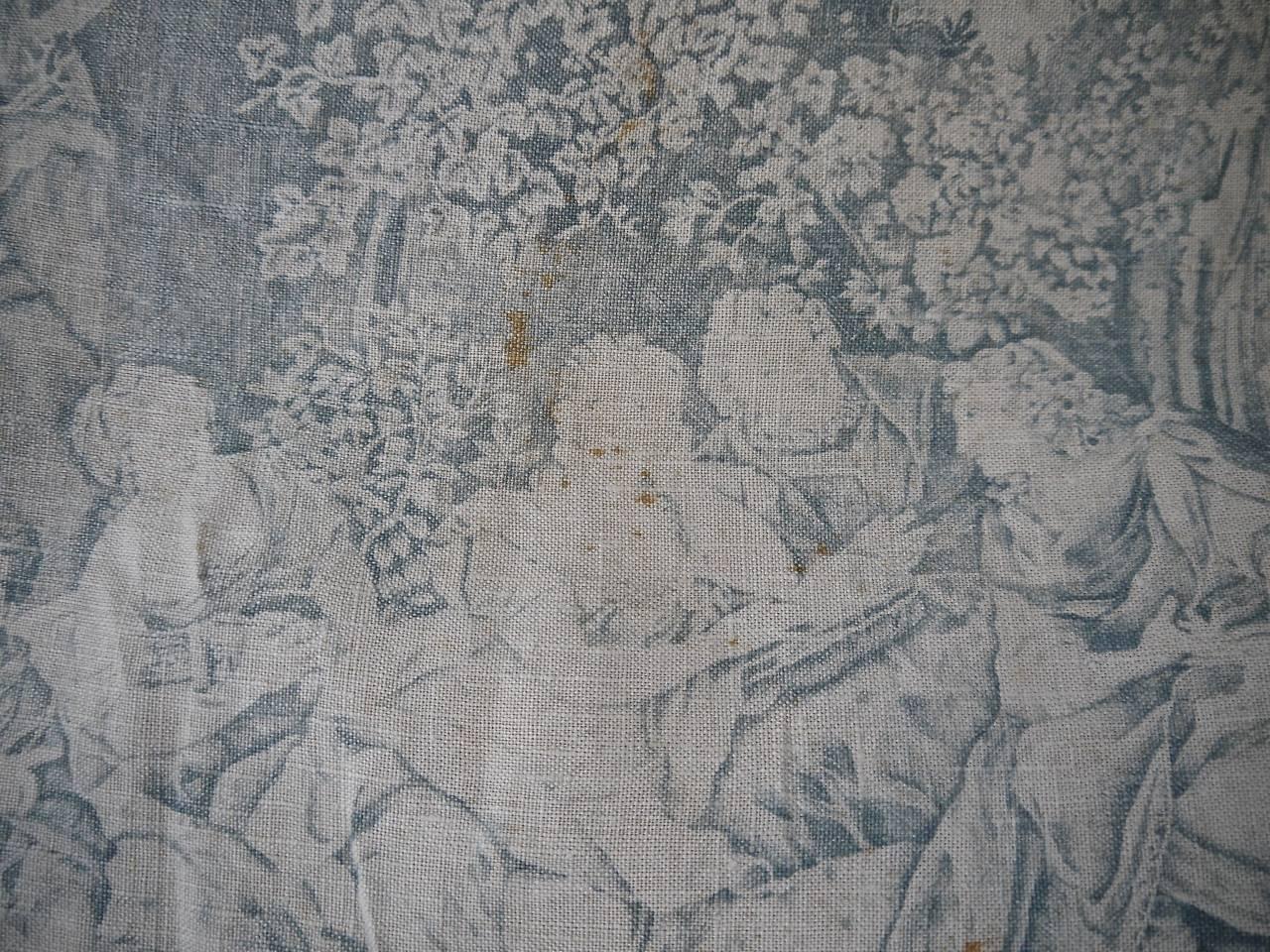 Pair of Faded Blue Toile de Jouy Linen Curtains Antique French 3