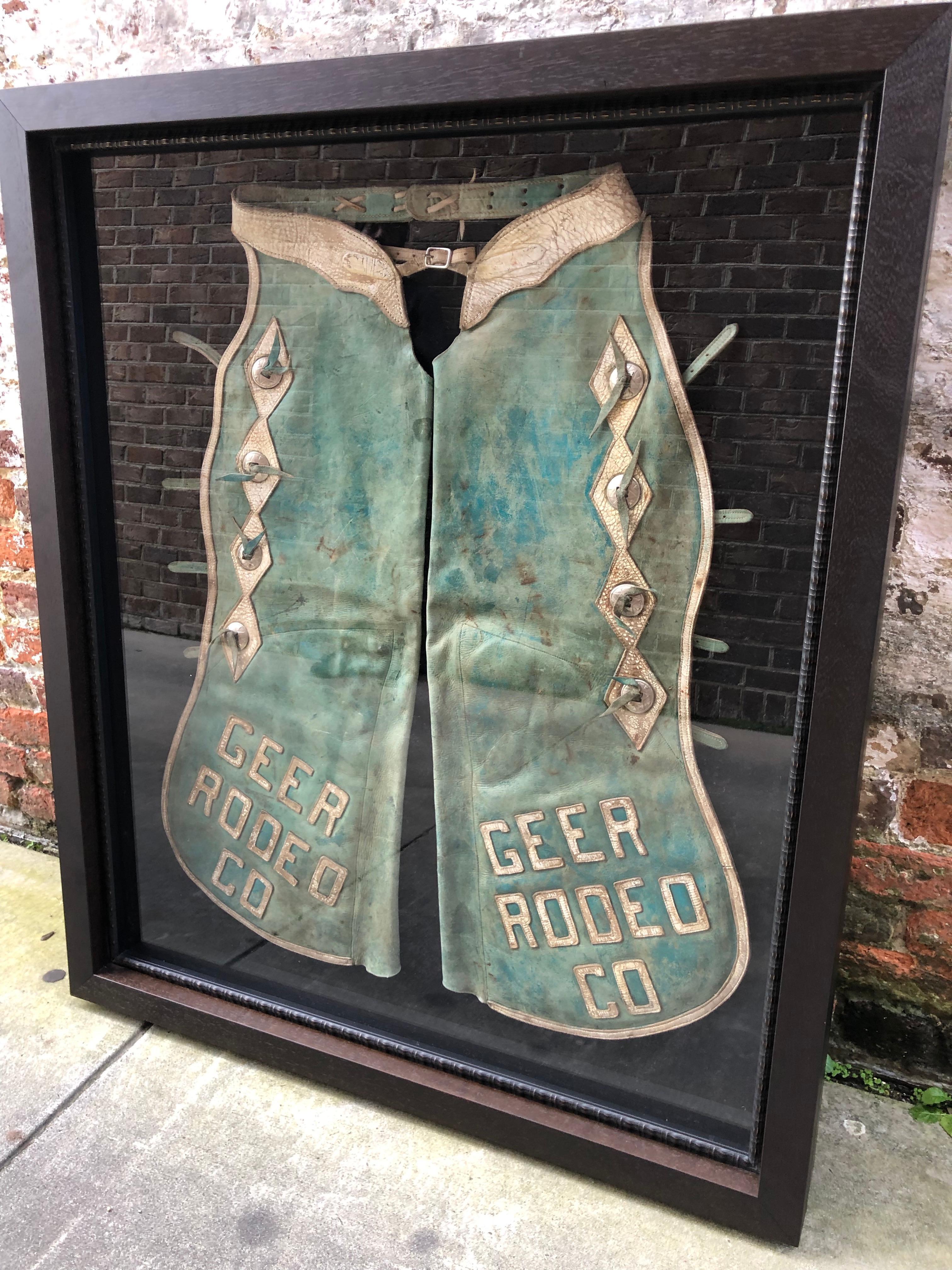 Pair of Faded Turquoise Chaps with Silver Mounts with Geer Rodeo Company In Good Condition In Charleston, SC
