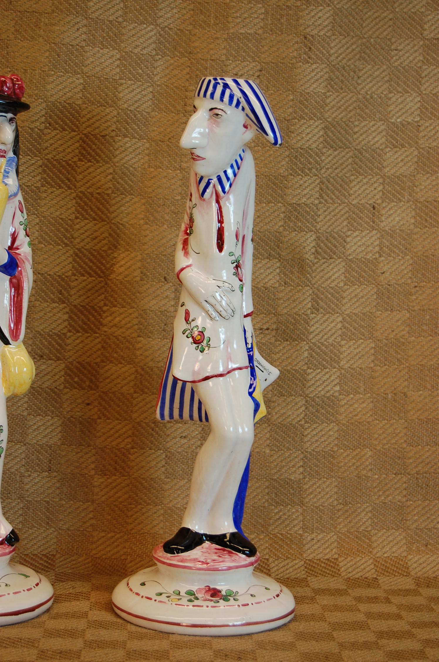 Art Deco Pair of Faience Decorated Porcelain Candlesticks, Doctor and Patient circa 1930 For Sale