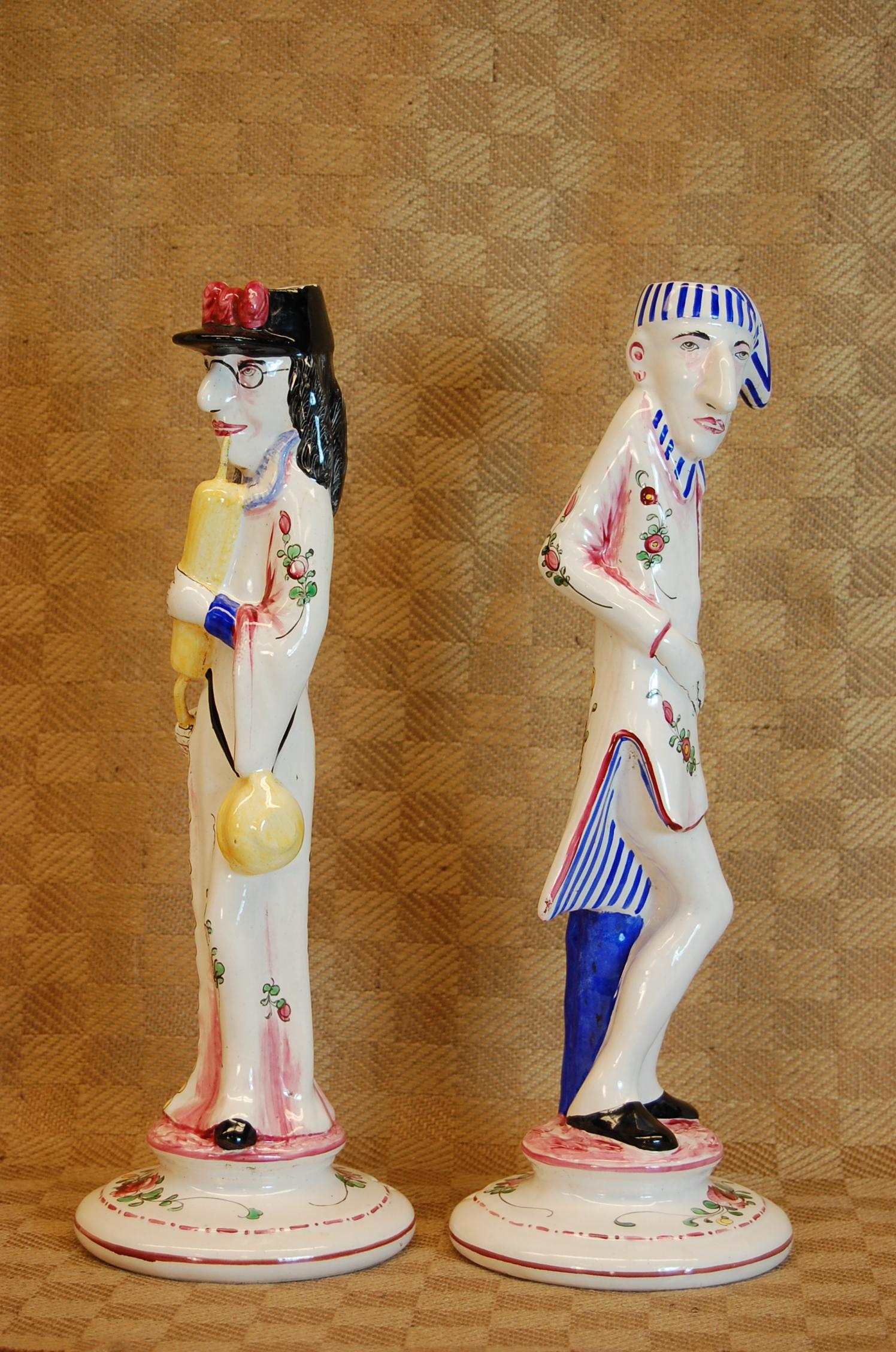 Pair of Faience Decorated Porcelain Candlesticks, Doctor and Patient circa 1930 In Excellent Condition For Sale In Pittsburgh, PA