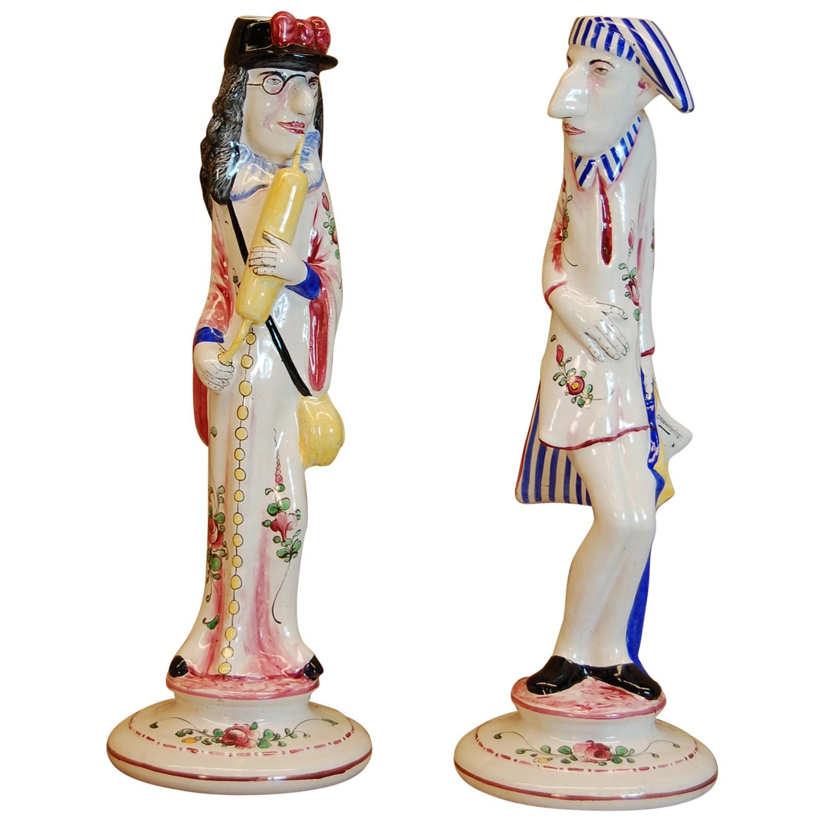 Pair of Faience Decorated Porcelain Candlesticks, Doctor and Patient circa 1930 For Sale