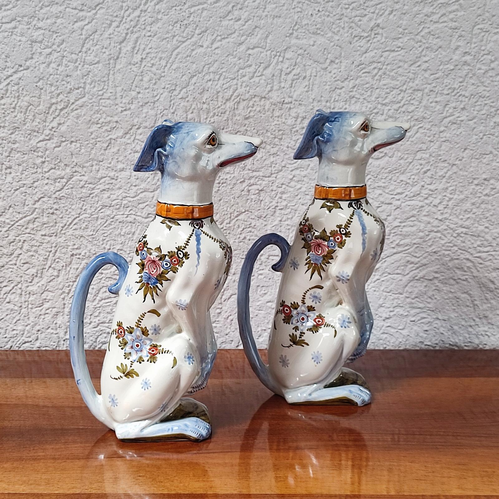 French Pair of Faience Pitchers, Sitting Greyhound, Saint Clement, France, circa 1900