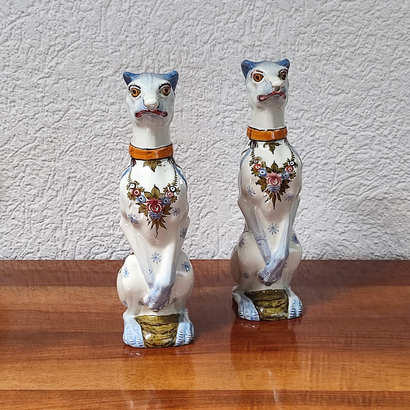 Pair of Faience Pitchers, Sitting Greyhound, Saint Clement, France, circa 1900 In Excellent Condition In Bochum, NRW