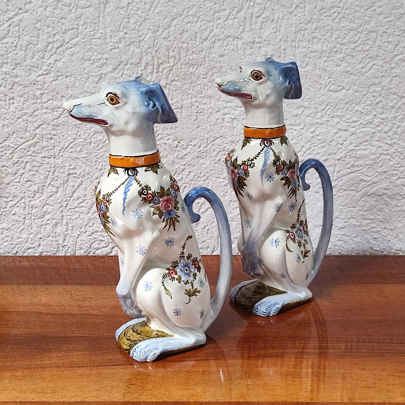 Early 20th Century Pair of Faience Pitchers, Sitting Greyhound, Saint Clement, France, circa 1900