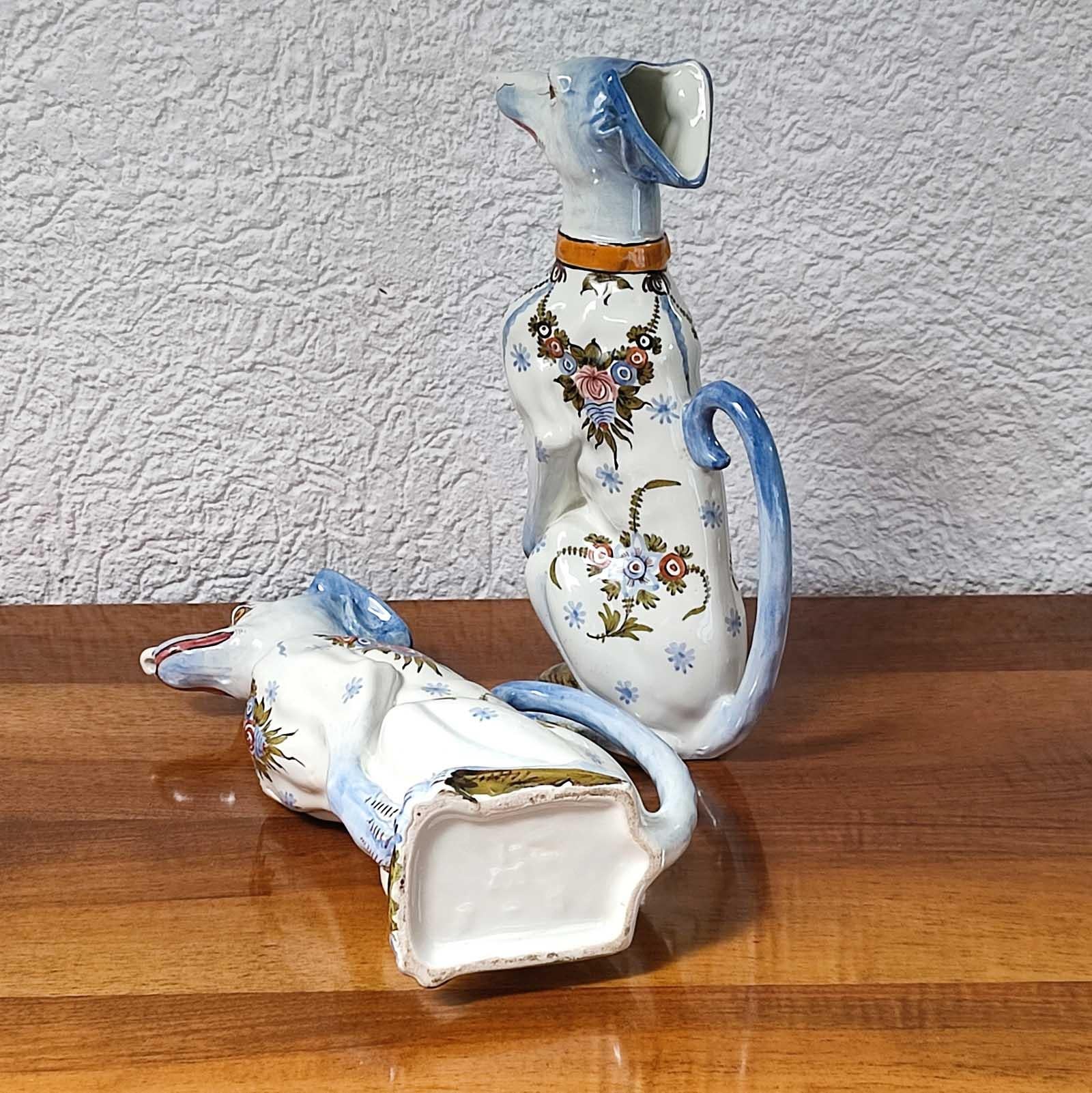 Pair of Faience Pitchers, Sitting Greyhound, Saint Clement, France, circa 1900 2