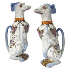 Antique Pair of Faience Pitchers, Sitting Greyhound, Saint Clement, France, circa 1900