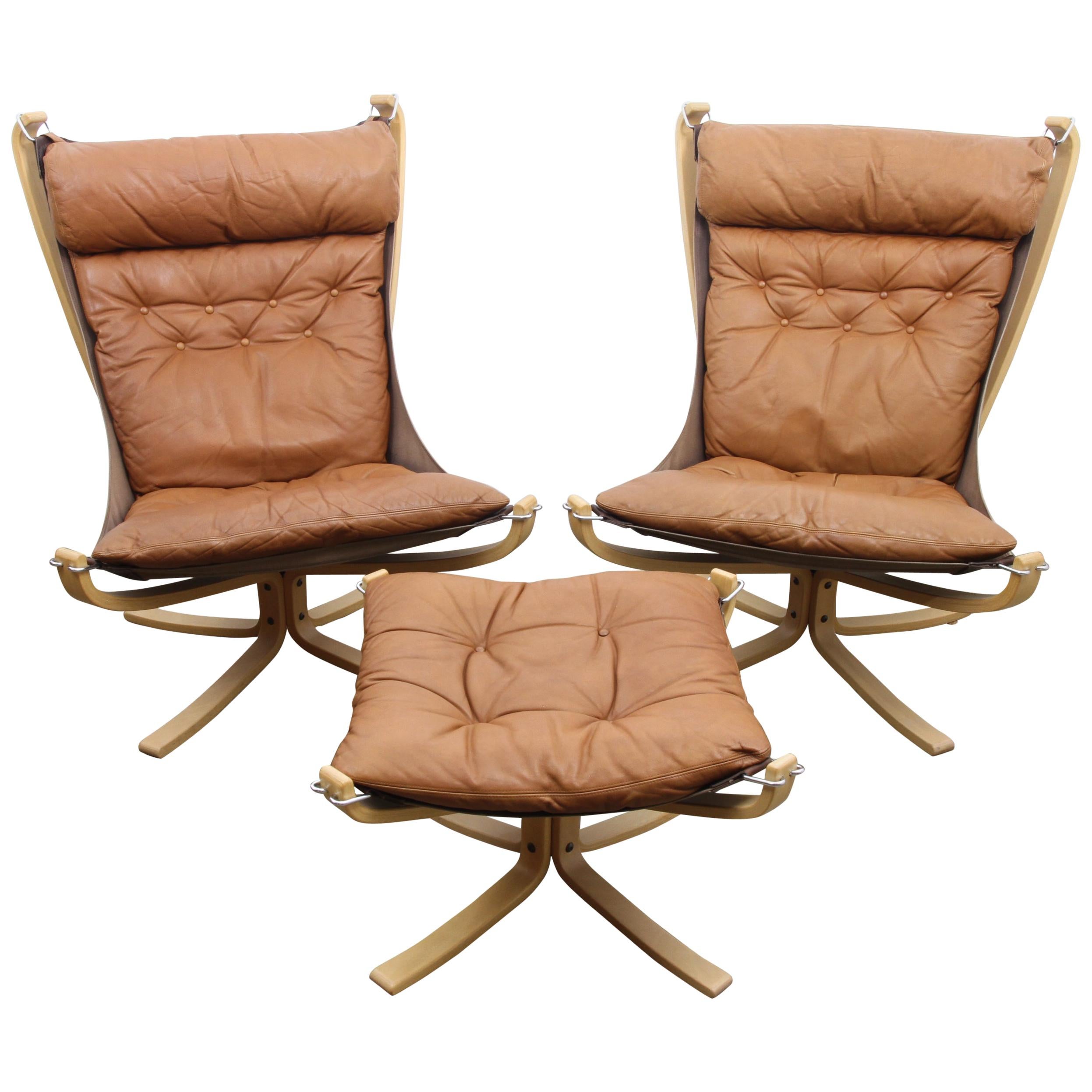 Pair of Falcon Chairs with Ottoman by Sigurd Ressell, 1970s