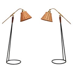 Pair of Falkenbergs Belysning Floor Lamps, Brass, Rattan and Metal, Sweden 1950s
