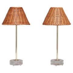 Pair of Falkenbergs Belysning Table Lamps in Brass, Glass and Rattan, 1960s