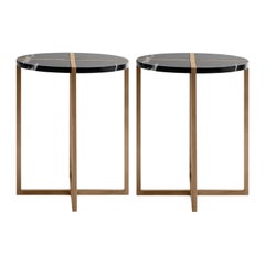 Pair of Famed Brass Coated Metal Alexander Black Marble Side Table