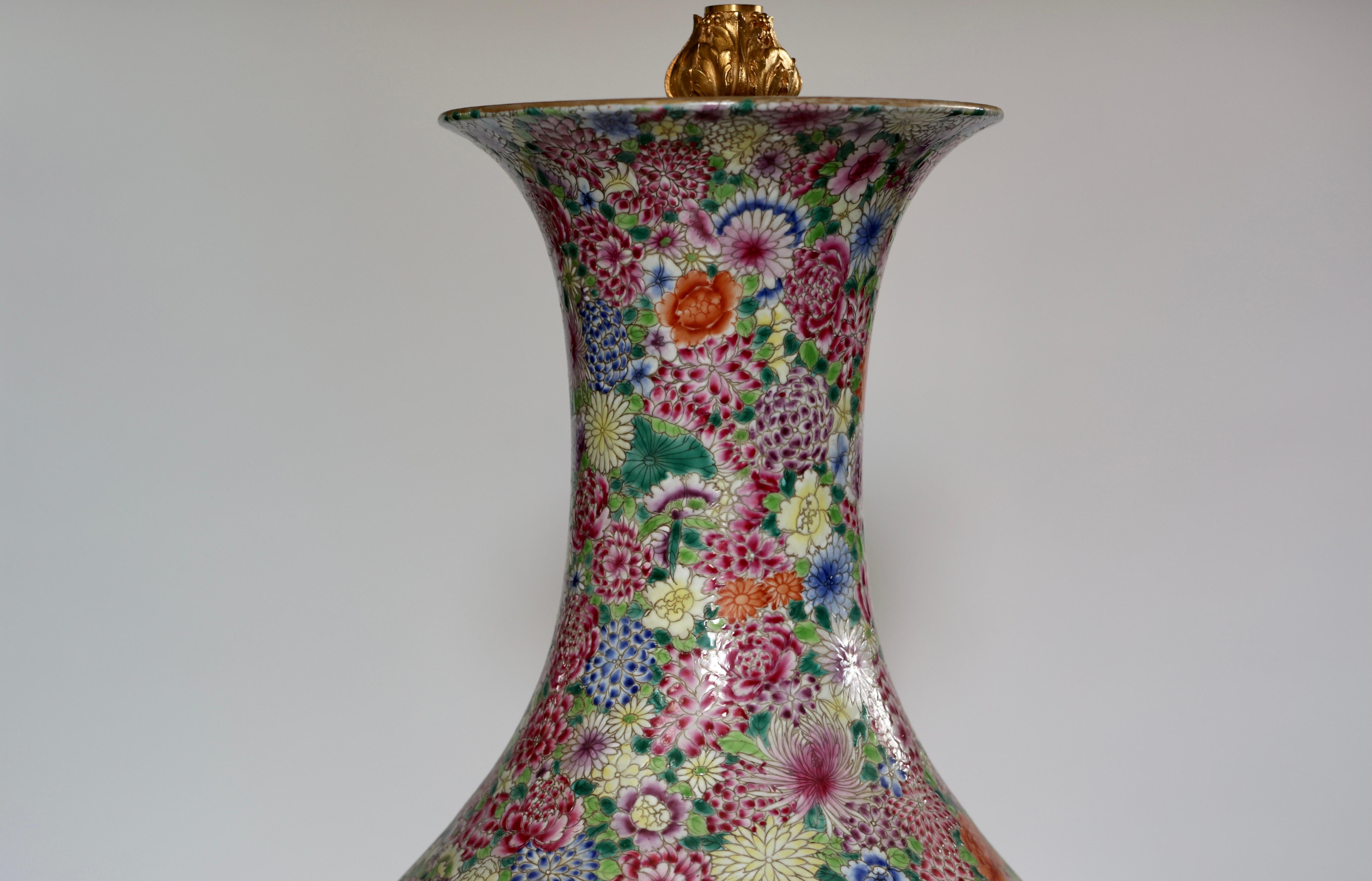 Pair of Familie Rose Porcelain Lamps For Sale 1