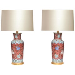 Antique Pair of Familie Rose Porcelain Lamps