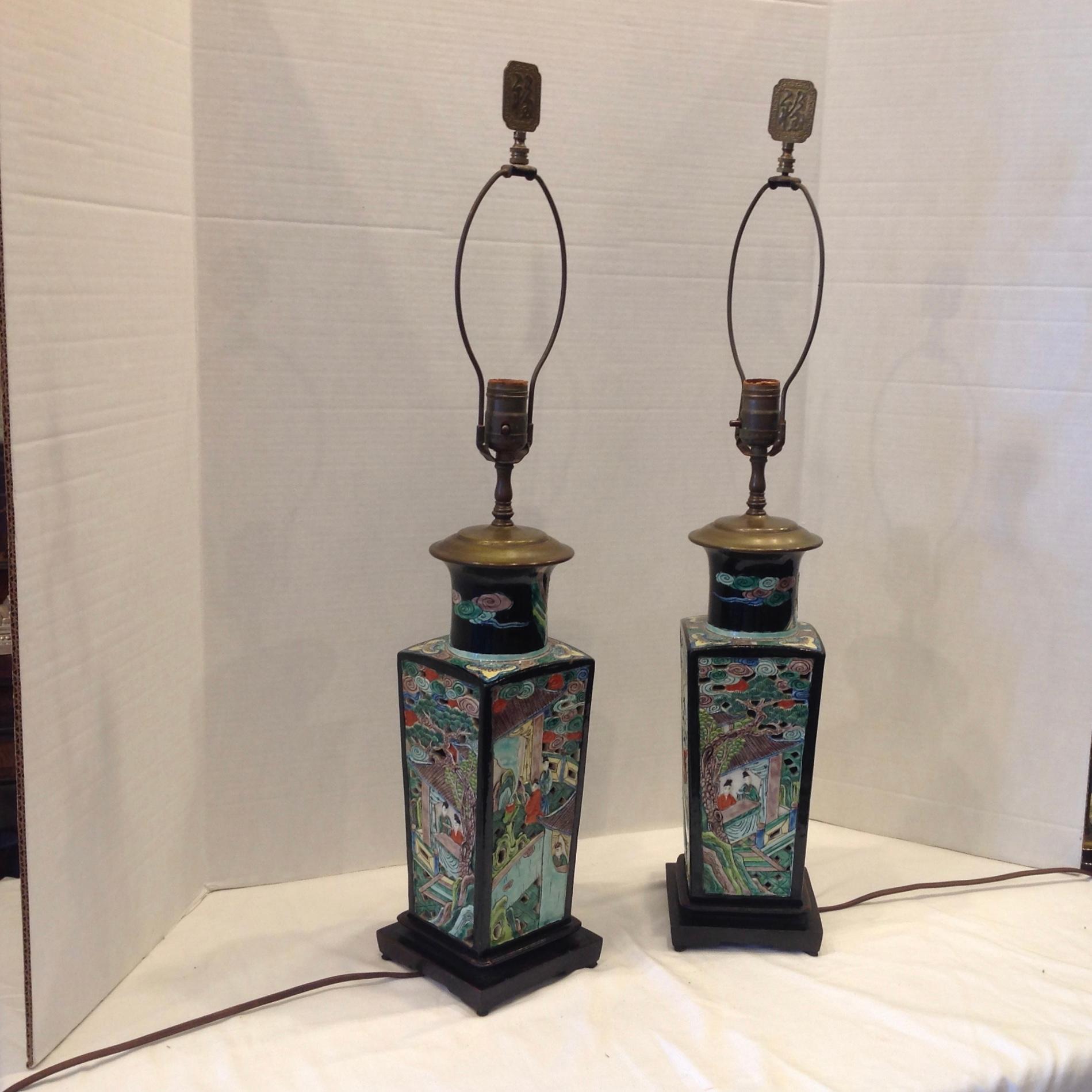 Pair of Famille Noire Chinese Lamps 6
