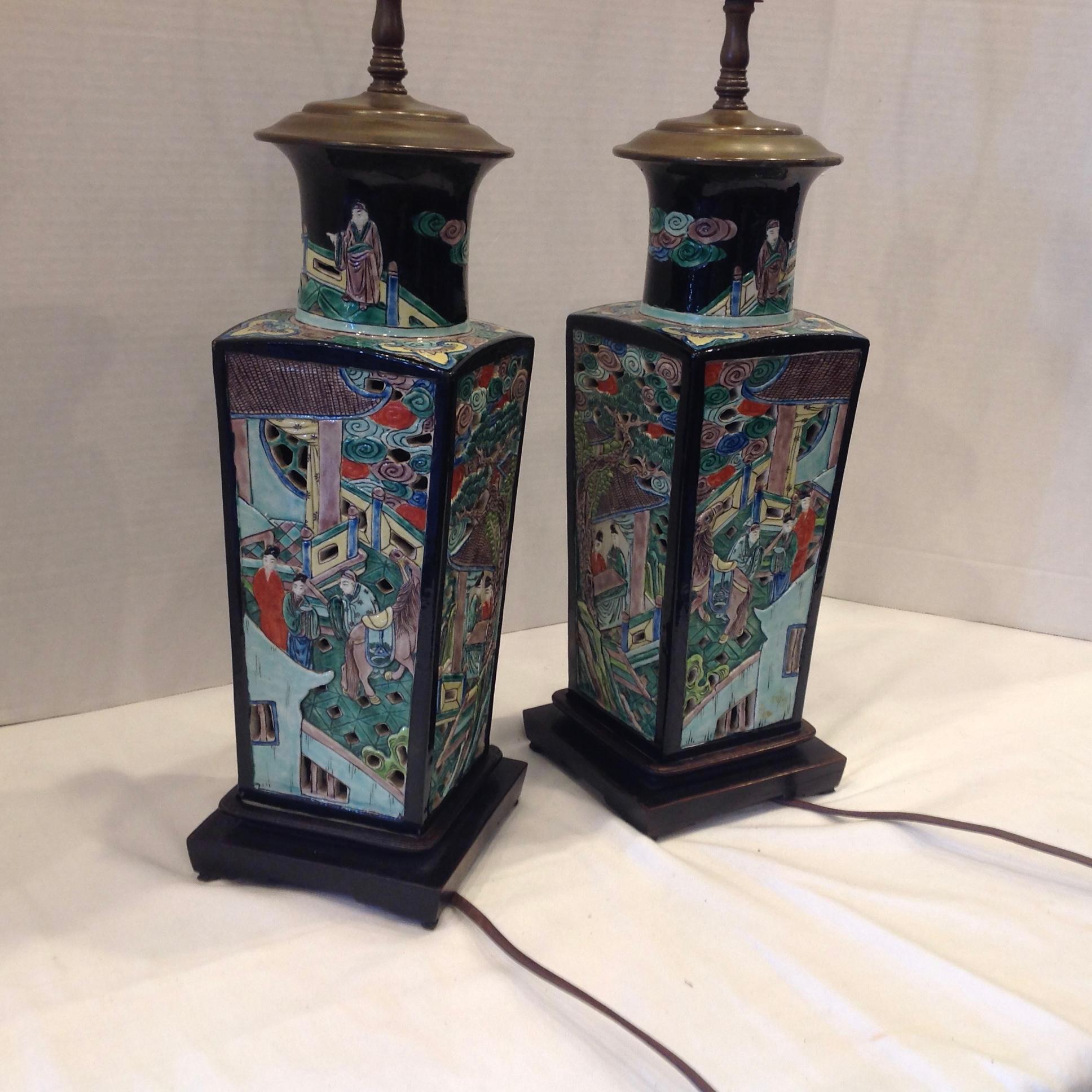 Pair of Famille Noire Chinese Lamps 8