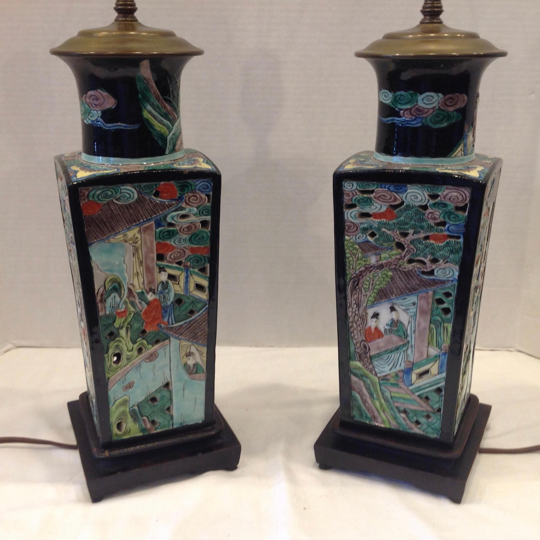 Pair of Famille Noire Chinese Lamps 9