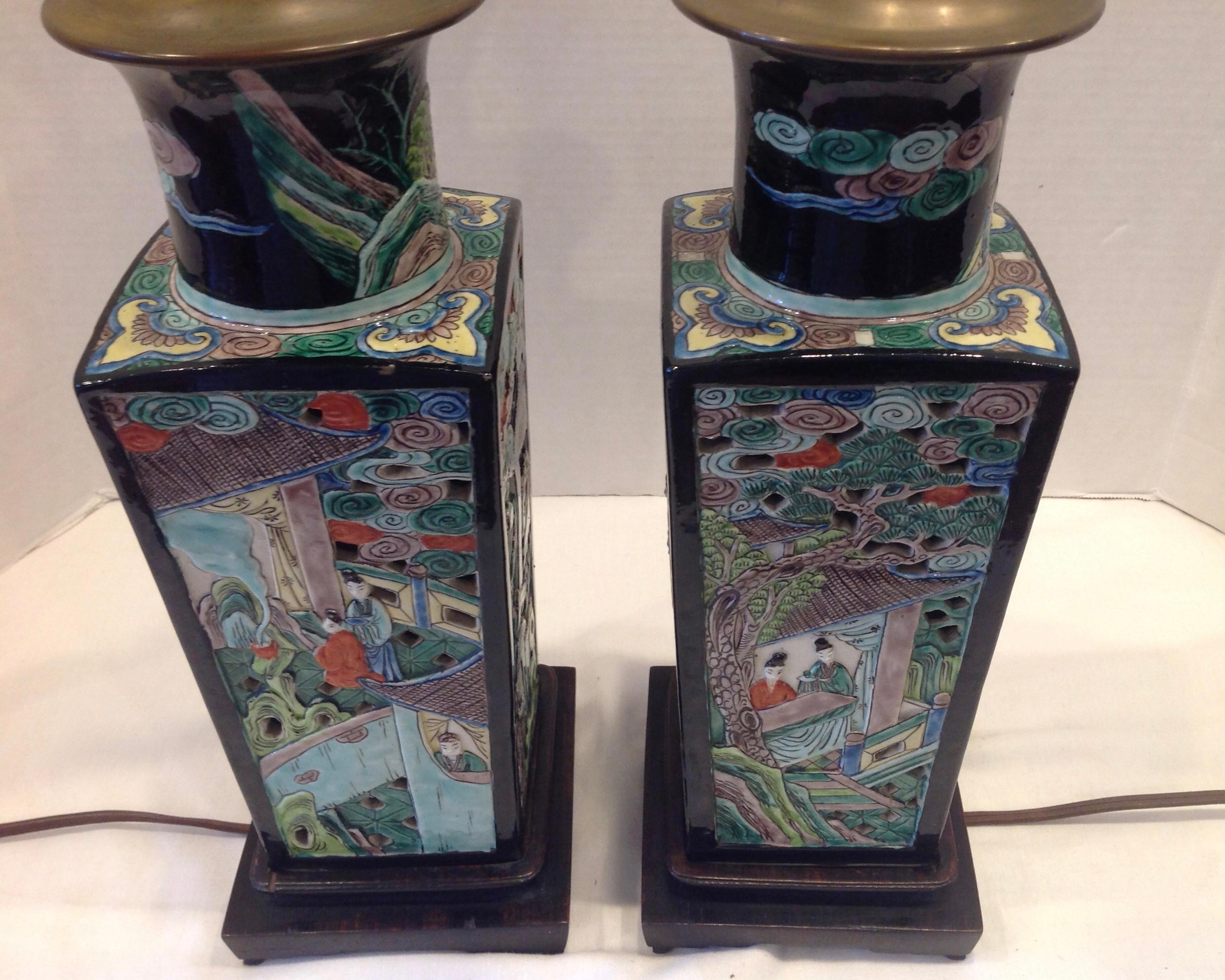 Pair of Famille Noire Chinese Lamps 1
