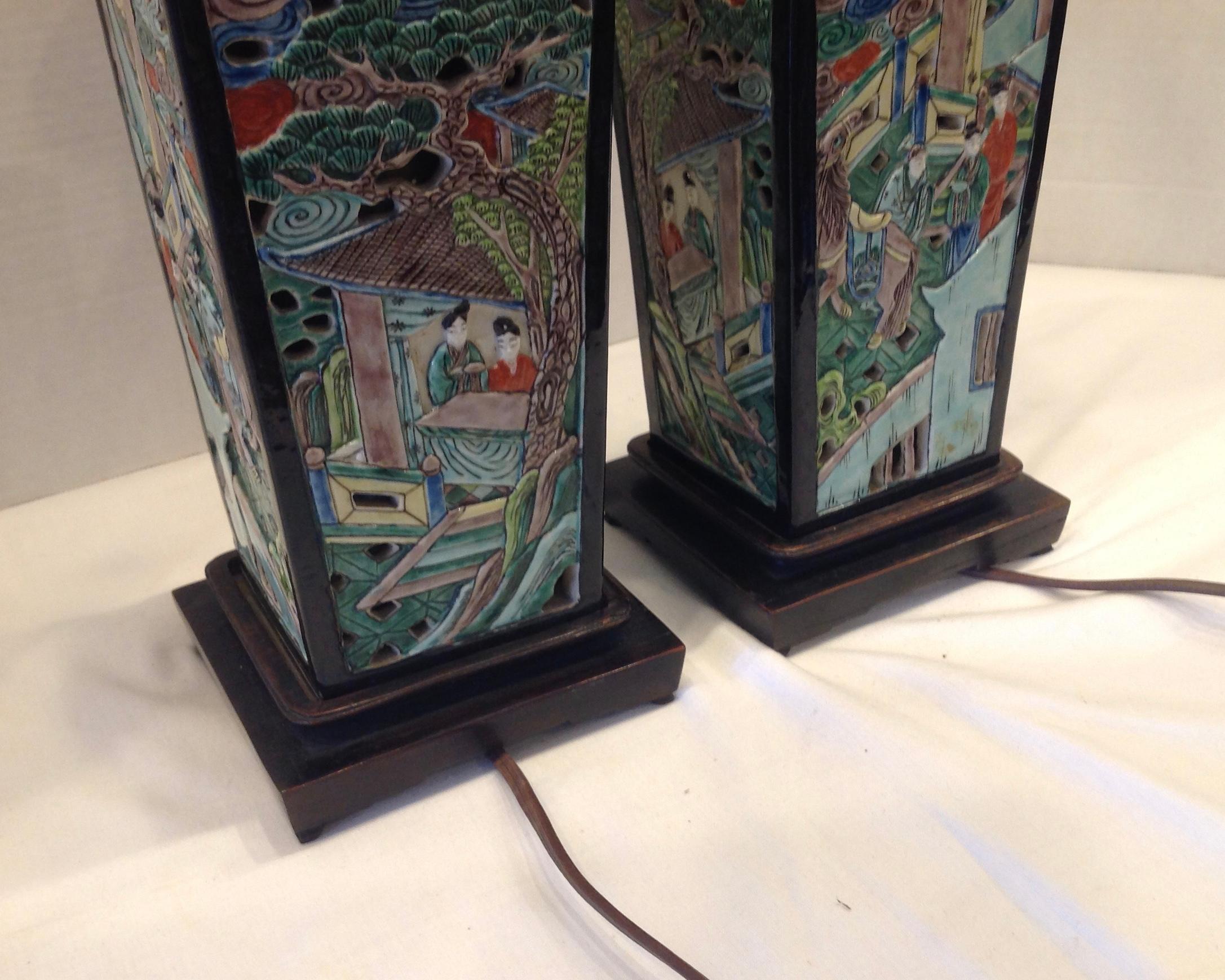 Pair of Famille Noire Chinese Lamps 2