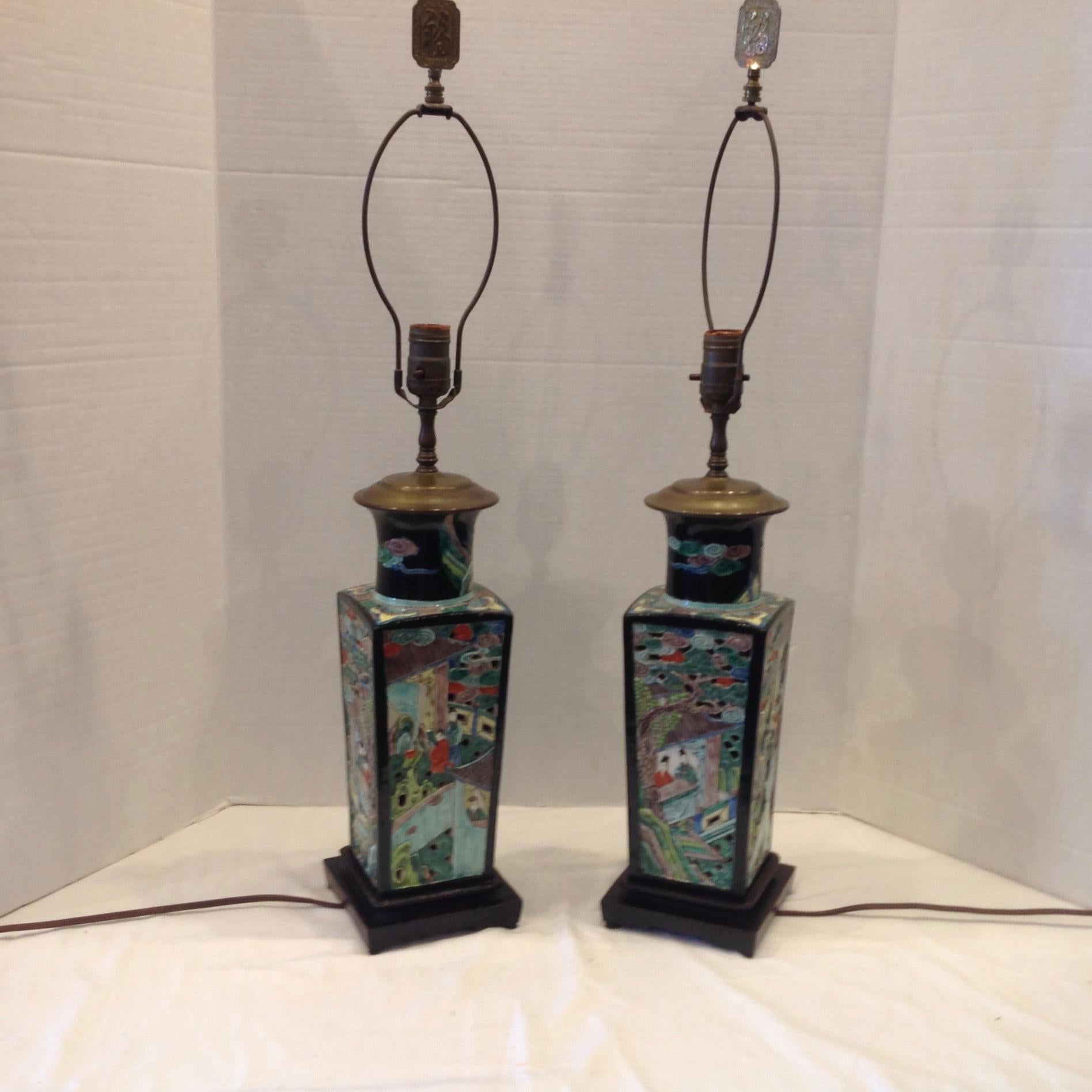 Pair of Famille Noire Chinese Lamps 4