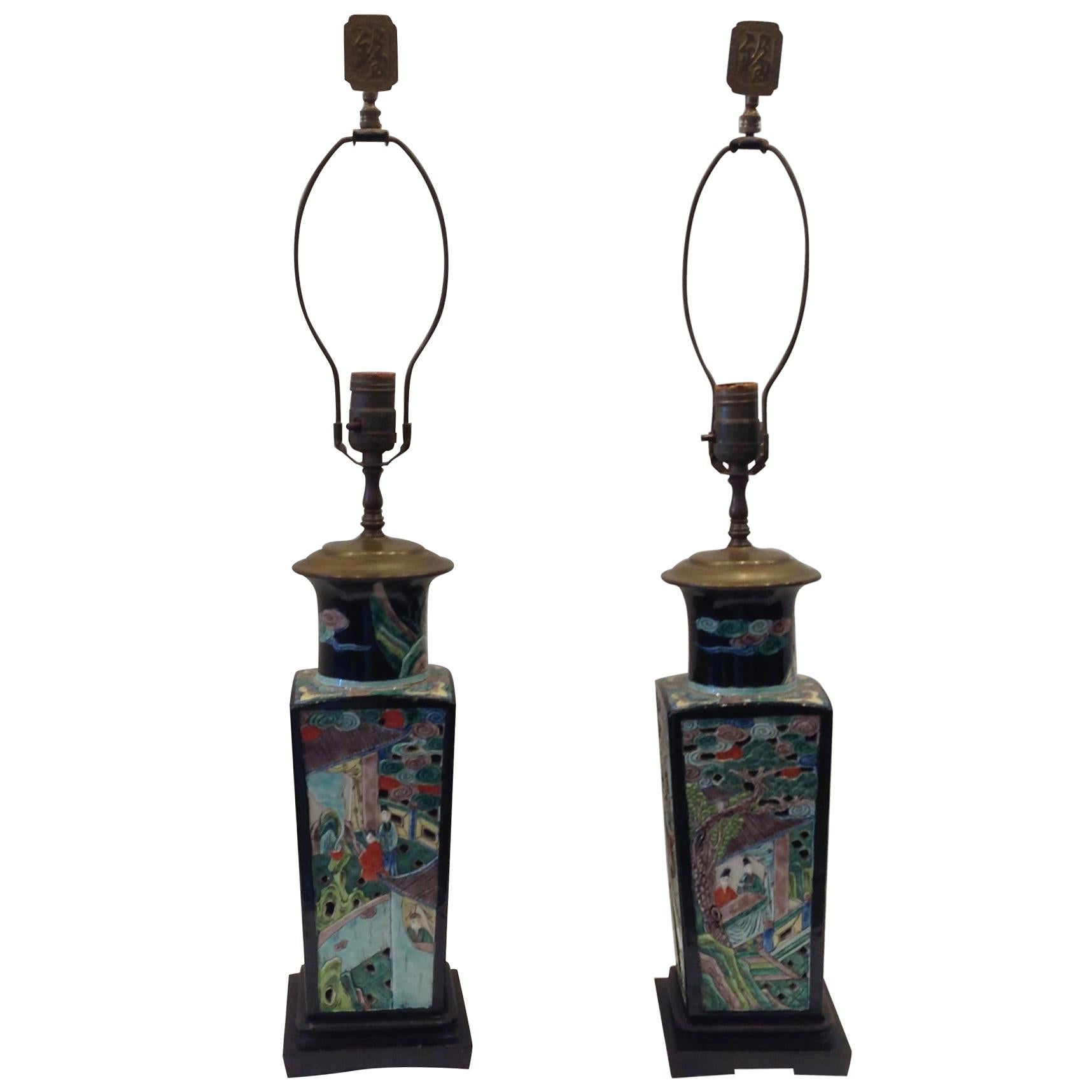 Pair of Famille Noire Chinese Lamps