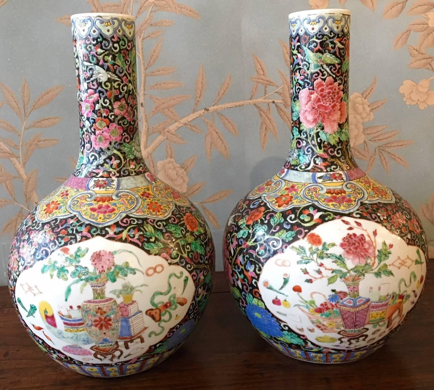 Pair of Famille Noire Vases For Sale 3
