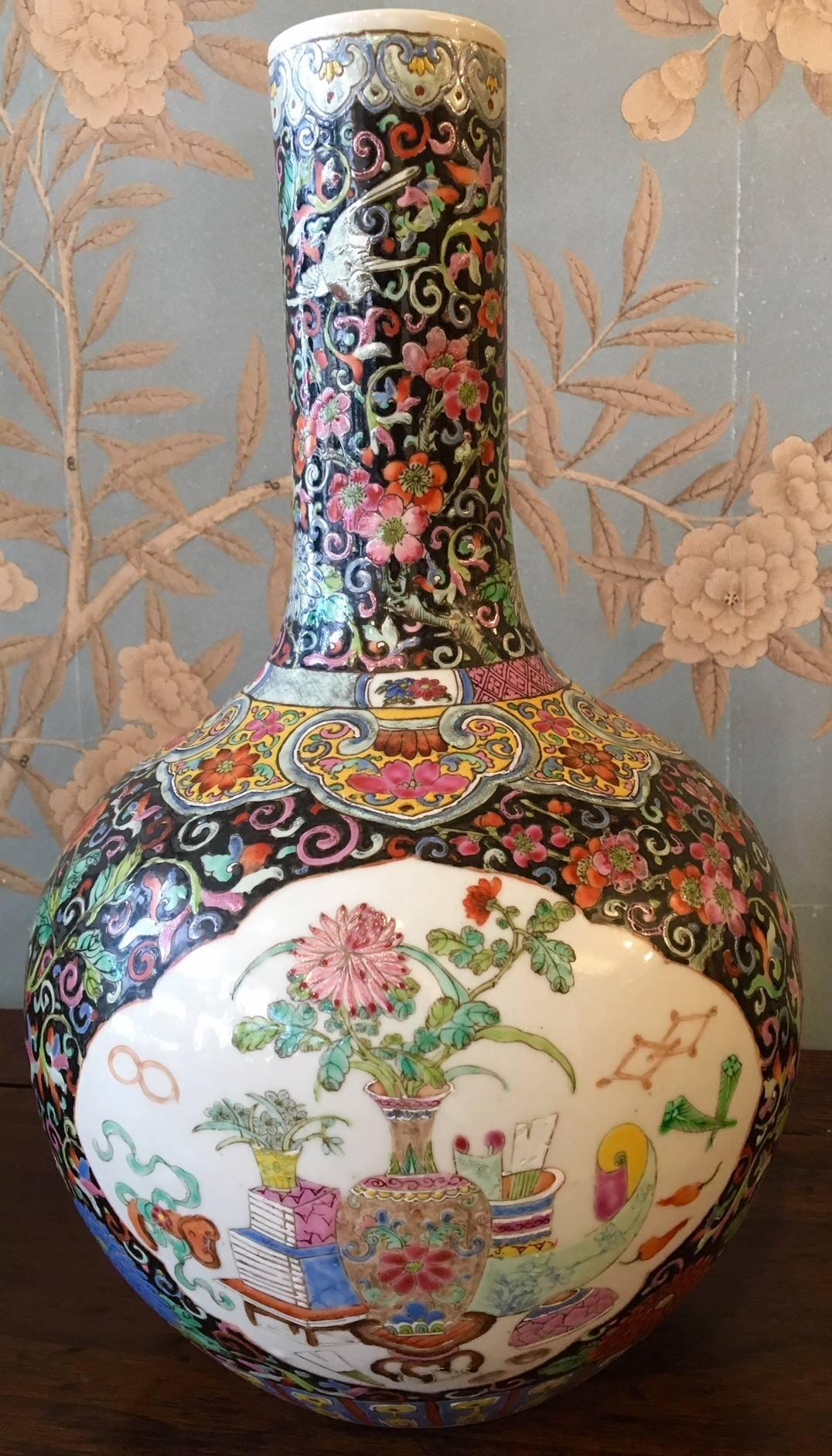 Porcelain Pair of Famille Noire Vases For Sale