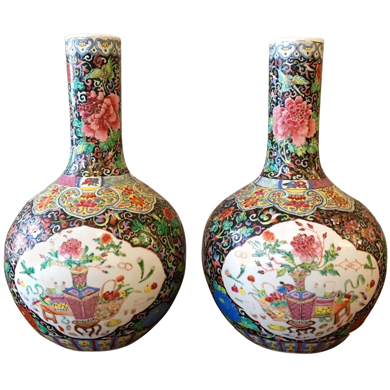 Pair of Famille Noire Vases For Sale