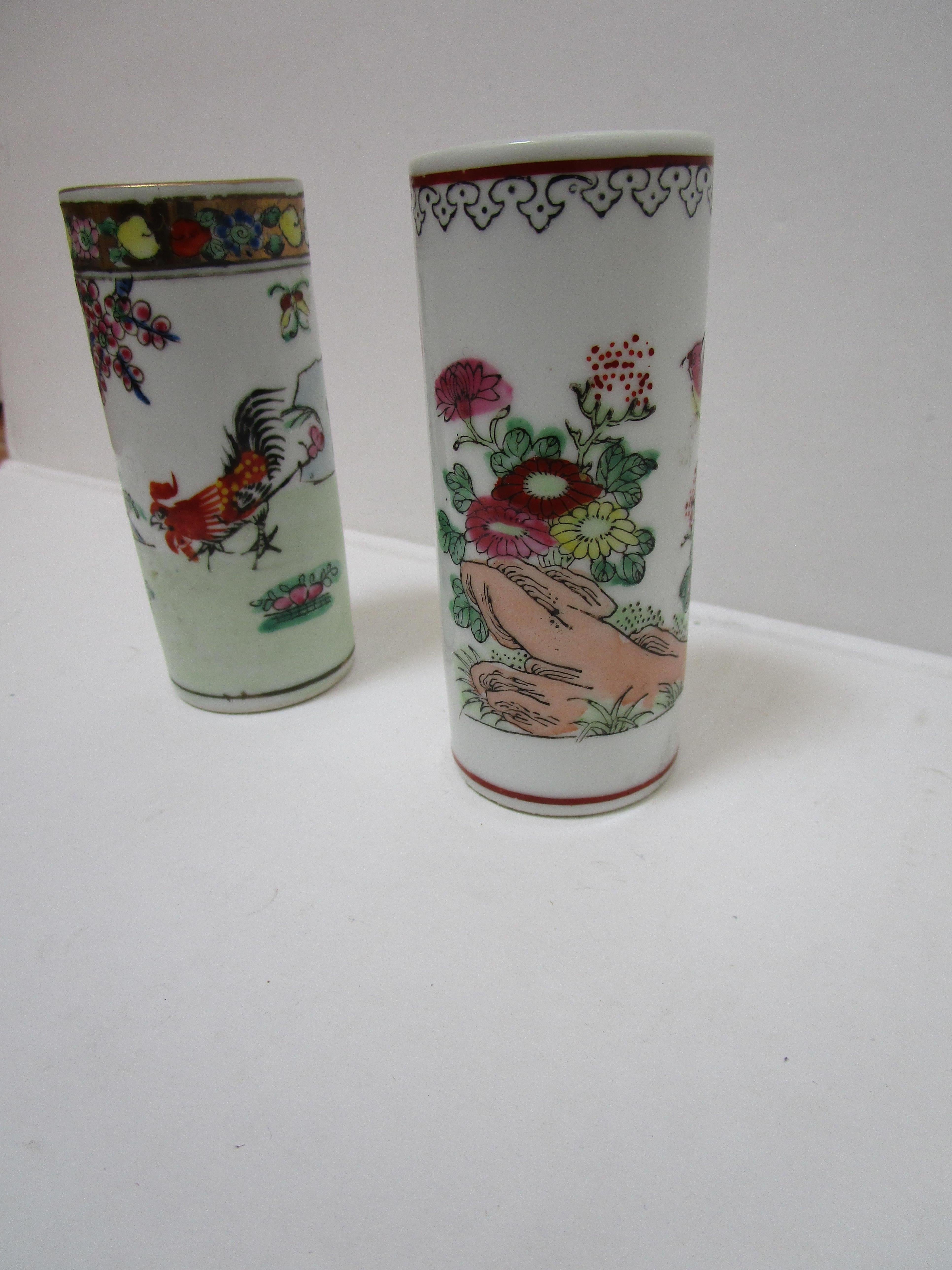 Chinese Pair of Famille Rose Antique Cylindrical Brush Pots with Two-Verse Poem For Sale