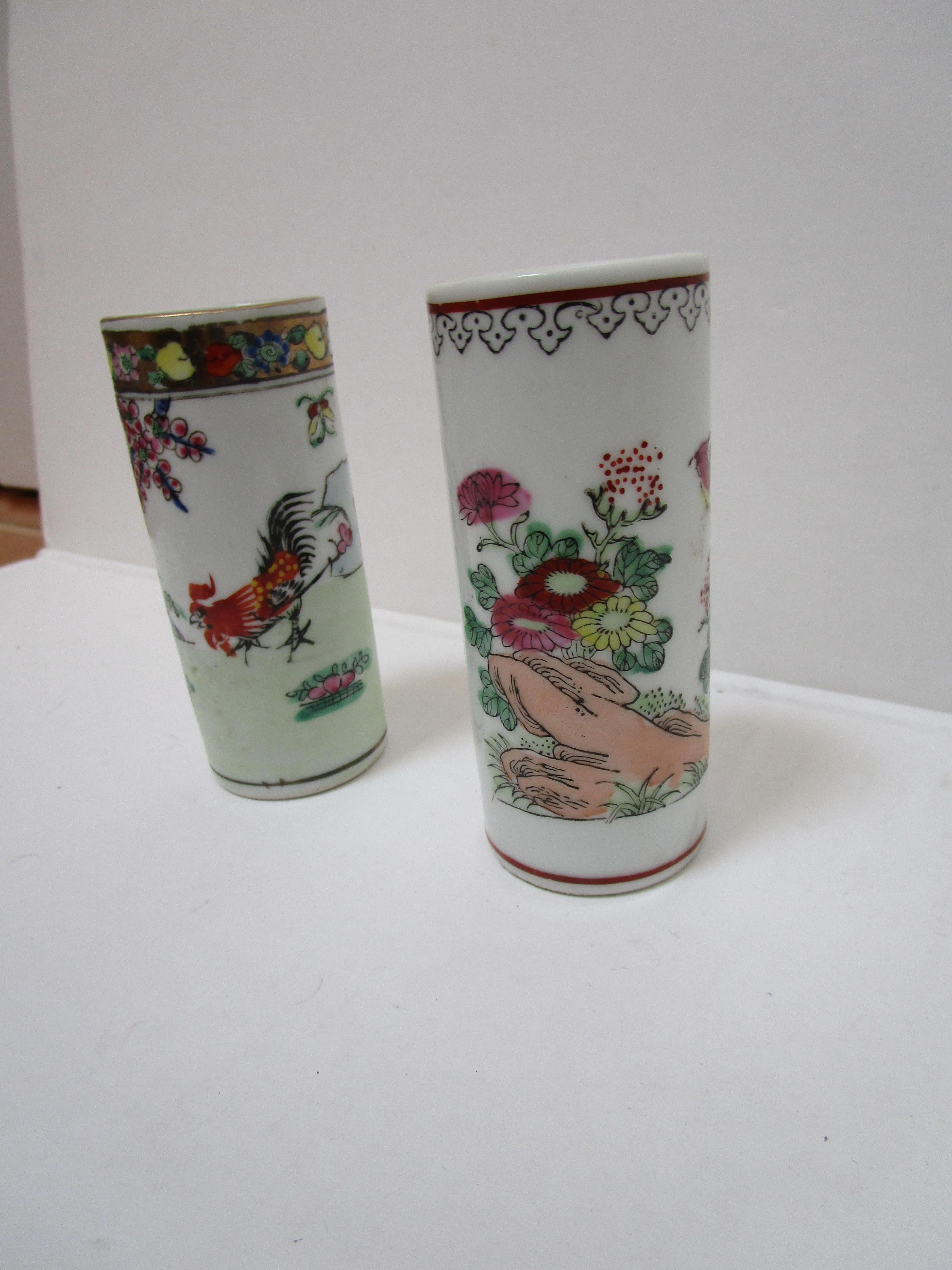 Hand-Crafted Pair of Famille Rose Antique Cylindrical Brush Pots with Two-Verse Poem For Sale