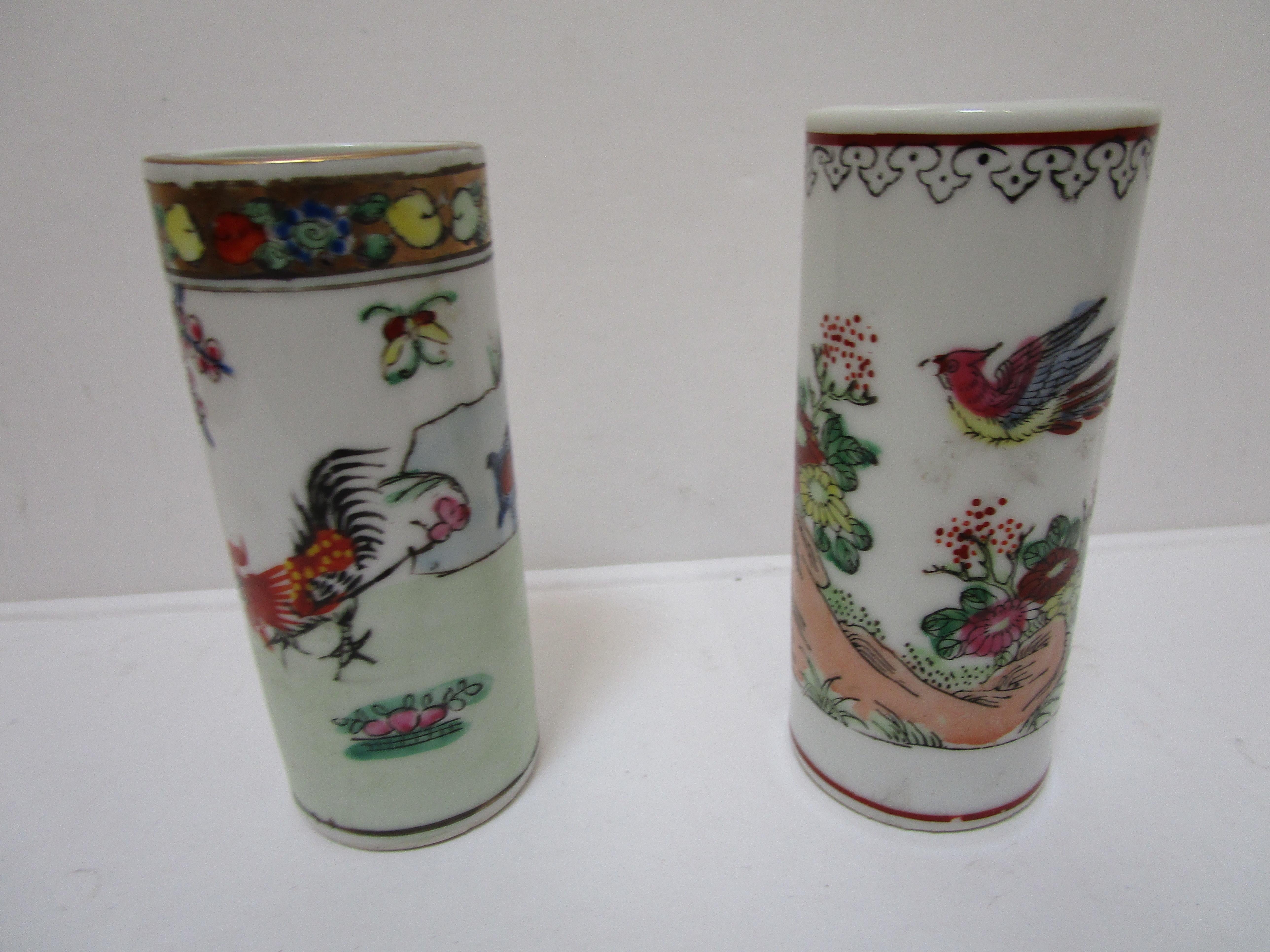 Pair of Famille Rose Antique Cylindrical Brush Pots with Two-Verse Poem For Sale 1