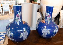 Pair of Famille Rose Blue Ground Vases with Wise Men Between Clouds. China