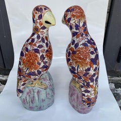 Pair of Famille Rose PARROTS w/ Yi Qian Tang Long Nian Zhi Mark 19th Century
