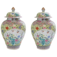 Pair of Famille Rose Porcelain Vases with Covers