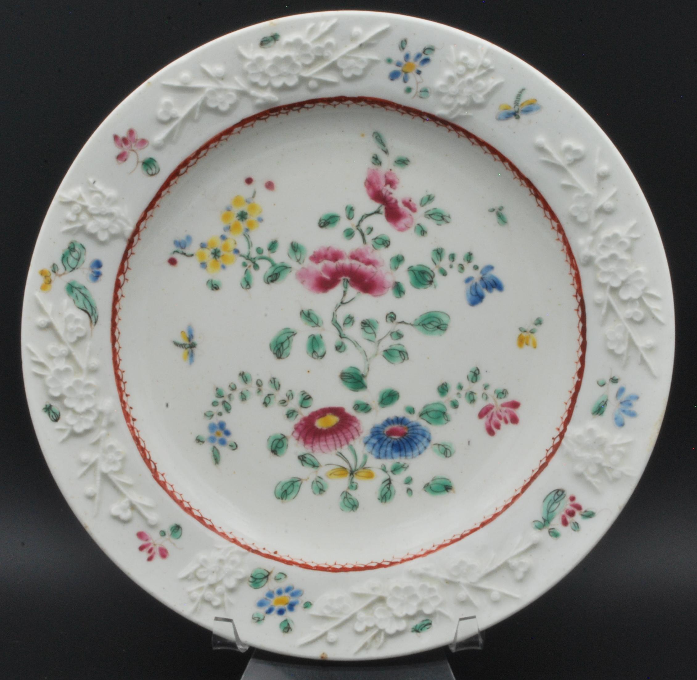 English Pair of Famille Rose & Prunus Plates, Bow Porcelain Factory, circa 1753 For Sale