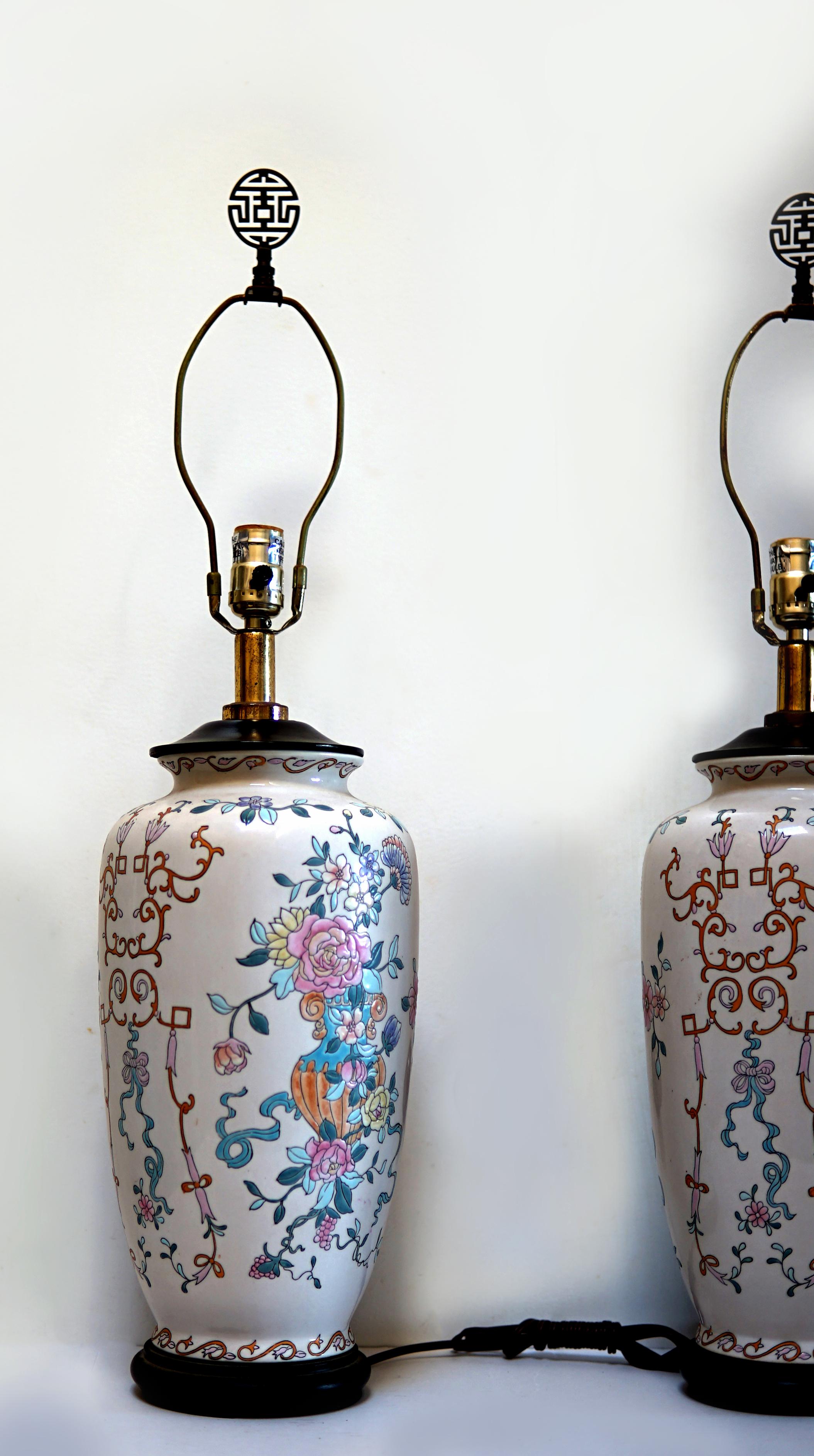 Chinese Pair of Famille Rose table lamps with boughs of Flowers and Hand Painting For Sale