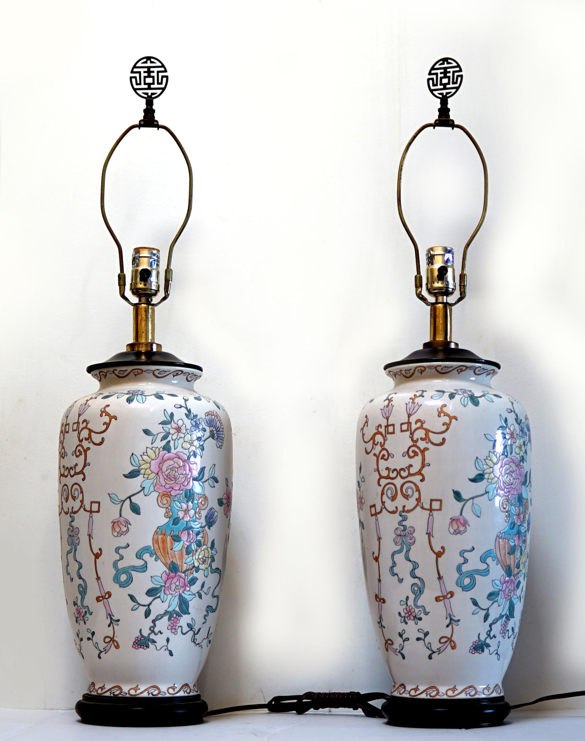 Hand-Painted Pair of Famille Rose table lamps with boughs of Flowers and Hand Painting For Sale