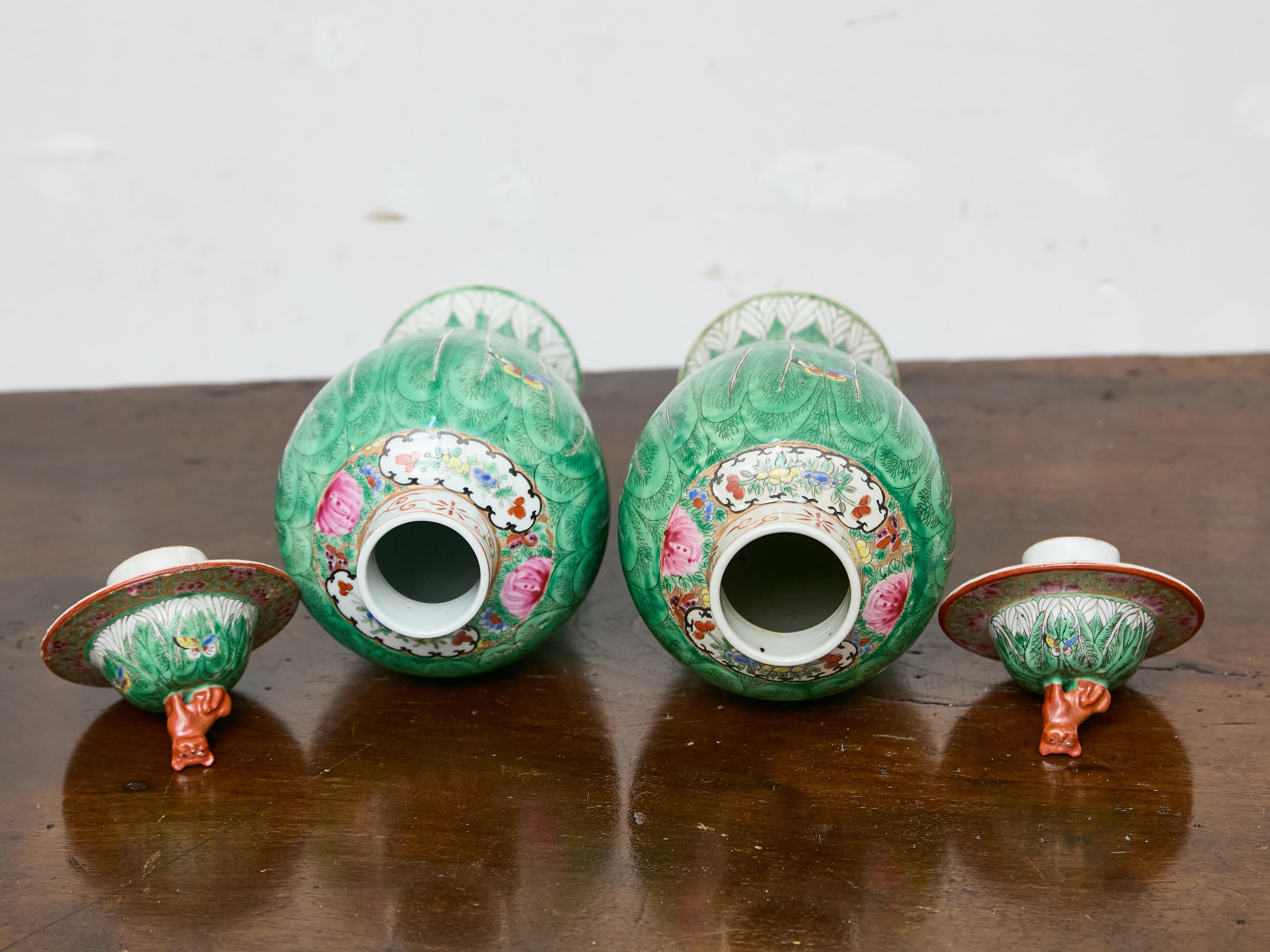 Pair of Famille Verte Lidded Vases with Butterflies and Lion Finials, circa 1920 For Sale 1
