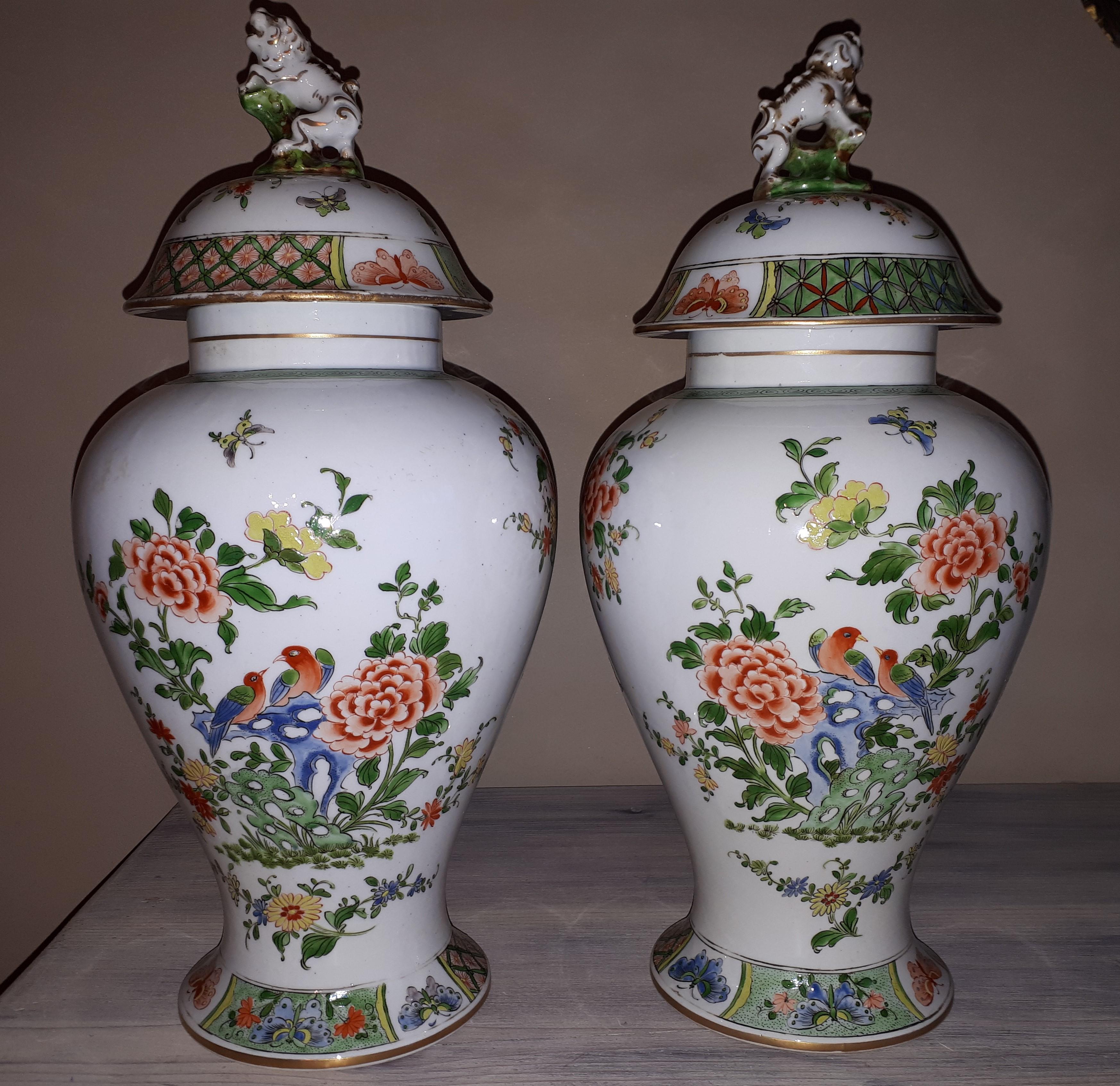 Enameled Pair Of Famille Verte Style Vases, Samson Paris For Sale