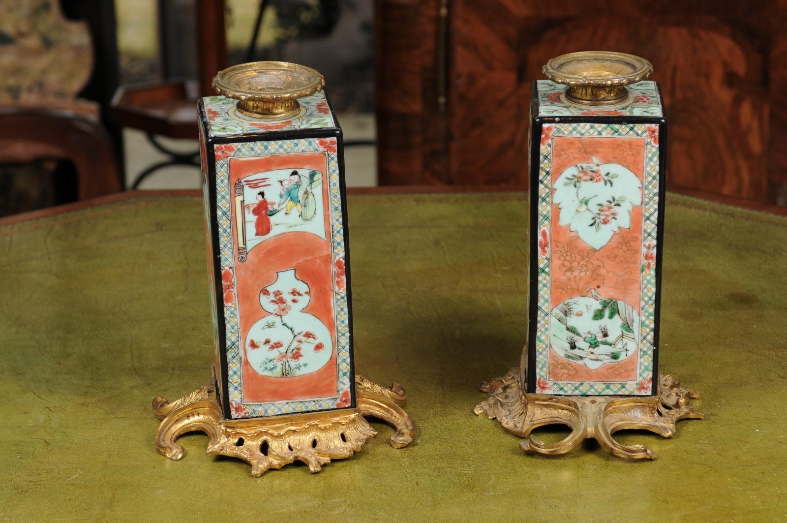 Pair of Famille Verte Style Vases with Ormolu Mounts, Early 20th Century China For Sale 4